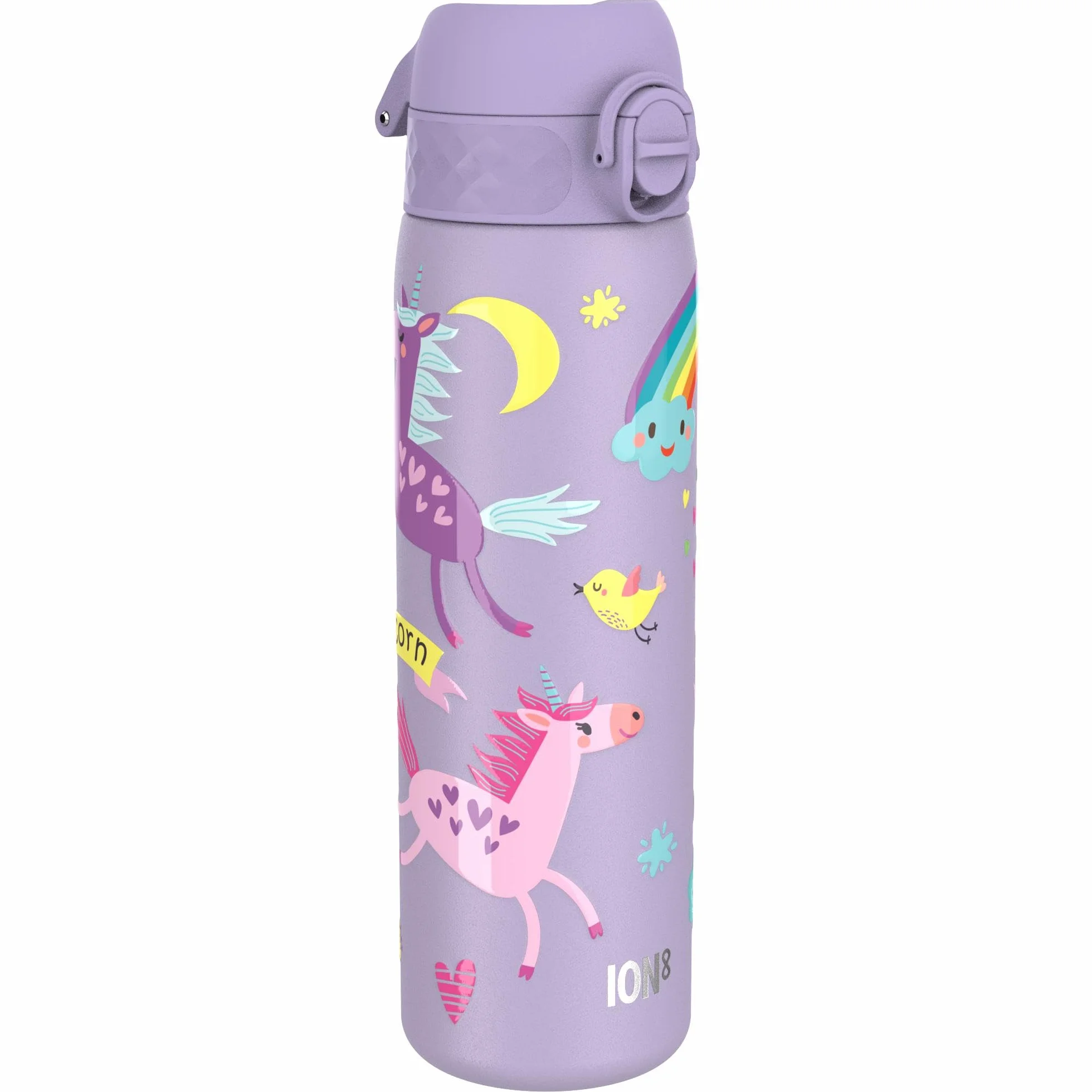 ion8 Botella Agua Inox 600ml Sin Aislamiento a Prueba de Fugas Fácil de Abrir Cerradura Segura Unicornios Púrpura