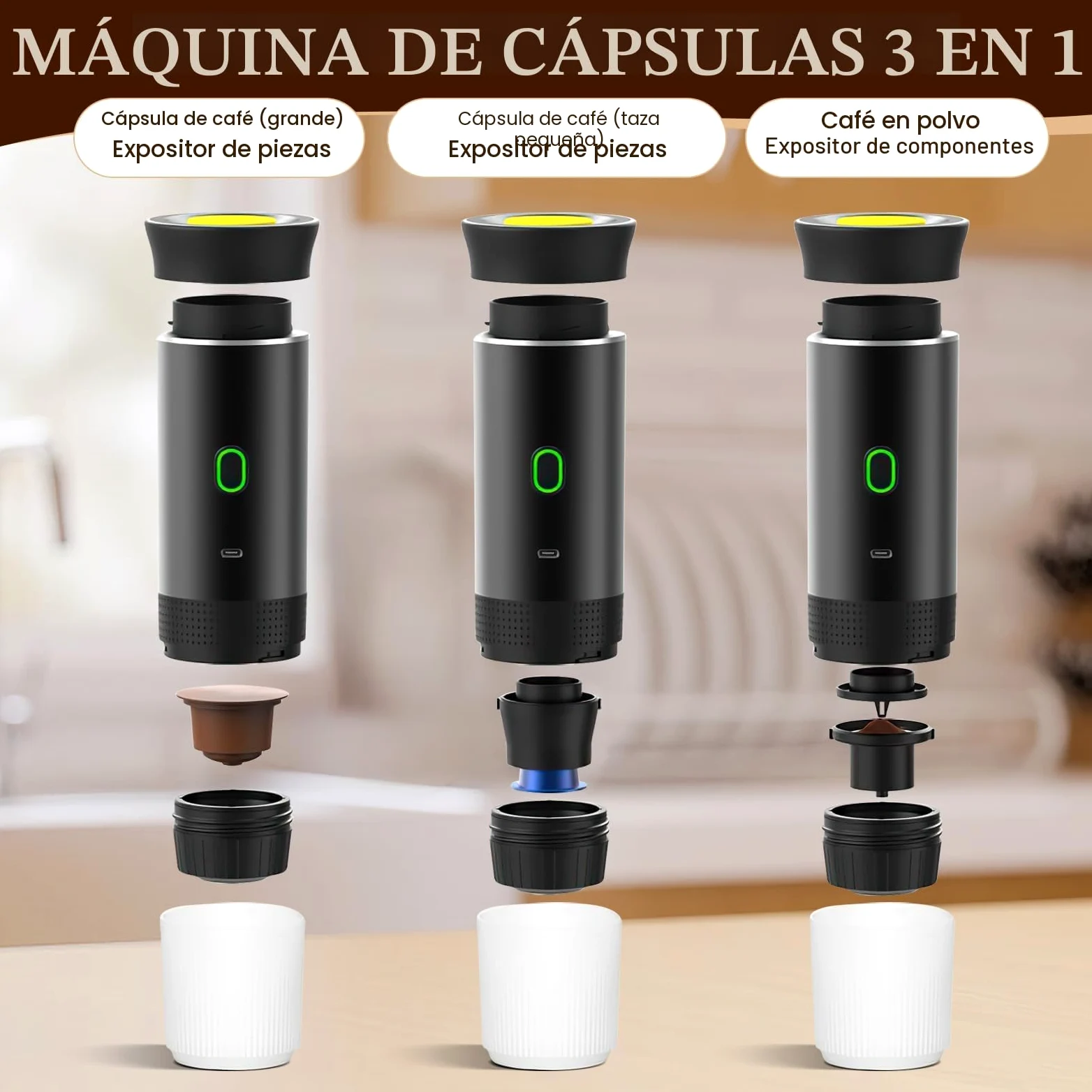 Máquina de café multicápsulas, 3 en 1 cafetera expreso, 4 a 6 minutos de auto-elevación, cápsulas pequeñas, grandes cápsulas, café molido, cafetería portátil para oficina, hogar, coche (blanco)