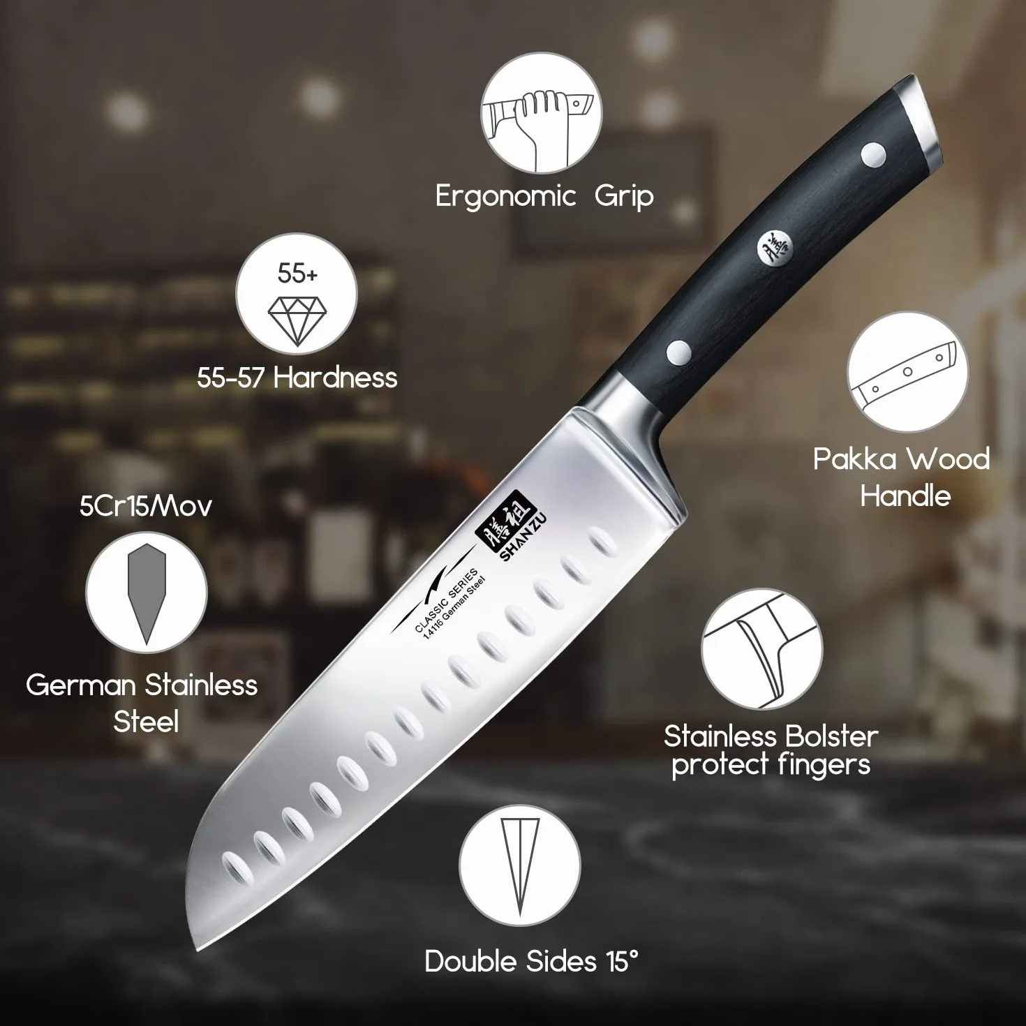SHAN ZU Cuchillo Santoku Japones, Cuchillos de Cocina Profesionales 18cm, 7 ''Cuchillo Chef de Acero Inoxidable Alemán de Alto Carbono, Cuchillos Cocinero para Frutas, Verduras, Carne