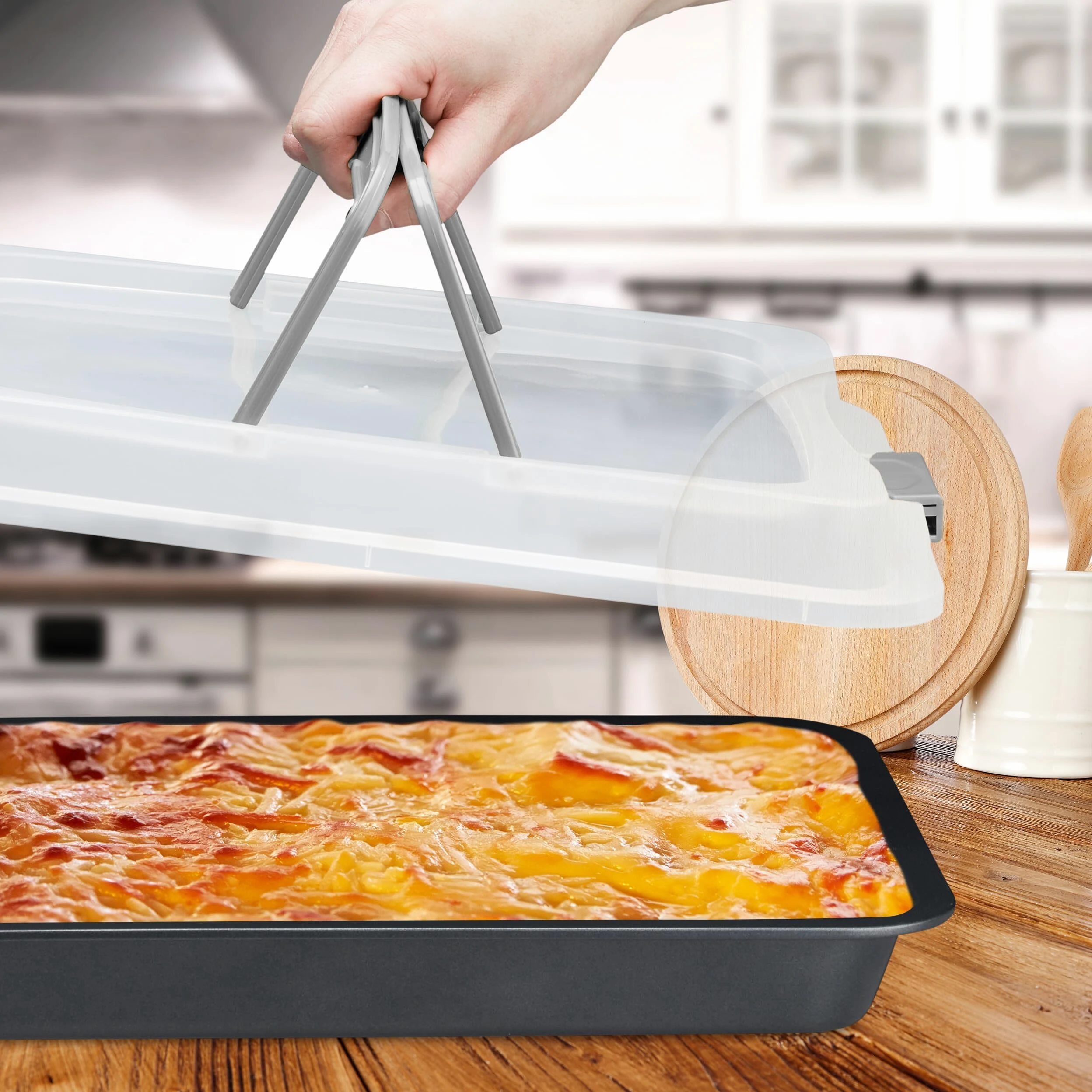Relaxdays Bandeja de Horno con Tapa, Portatartas 3 en 1, 40,5x32,5cm, Molde Hornear, Cubierta Transporte, Gris
