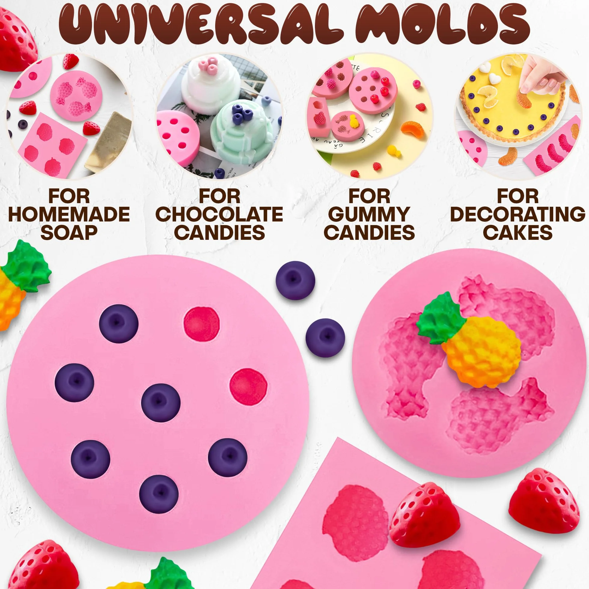 5 moldes de silicona para aperitivos de frutas, moldes de silicona en forma de fruta, moldes de frutas para rebanadas de piña, molde de silicona 3D de fresa para naranja y arándano, molde de silicona
