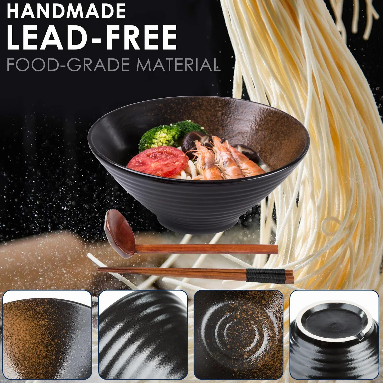 Genérico Juego de 6 tazones Grandes de Porcelana para Sopa Ramen de 2,700 ml con cucharas y Palillos, para Udon, Pasta, pho, soba, Cereales y ensaladas.