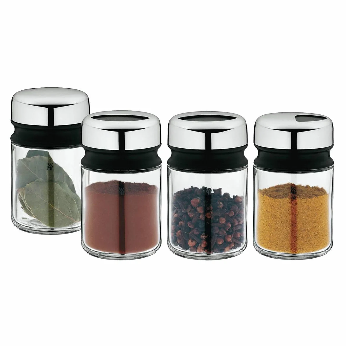 WMF Depot - Juego de 4 Piezas Botes de Especias de 100ml y Tapa de 4 posiciones Tarro de Especias de Vidrio y Acero Inoxidable Cromargan, Apto para lavavajillas