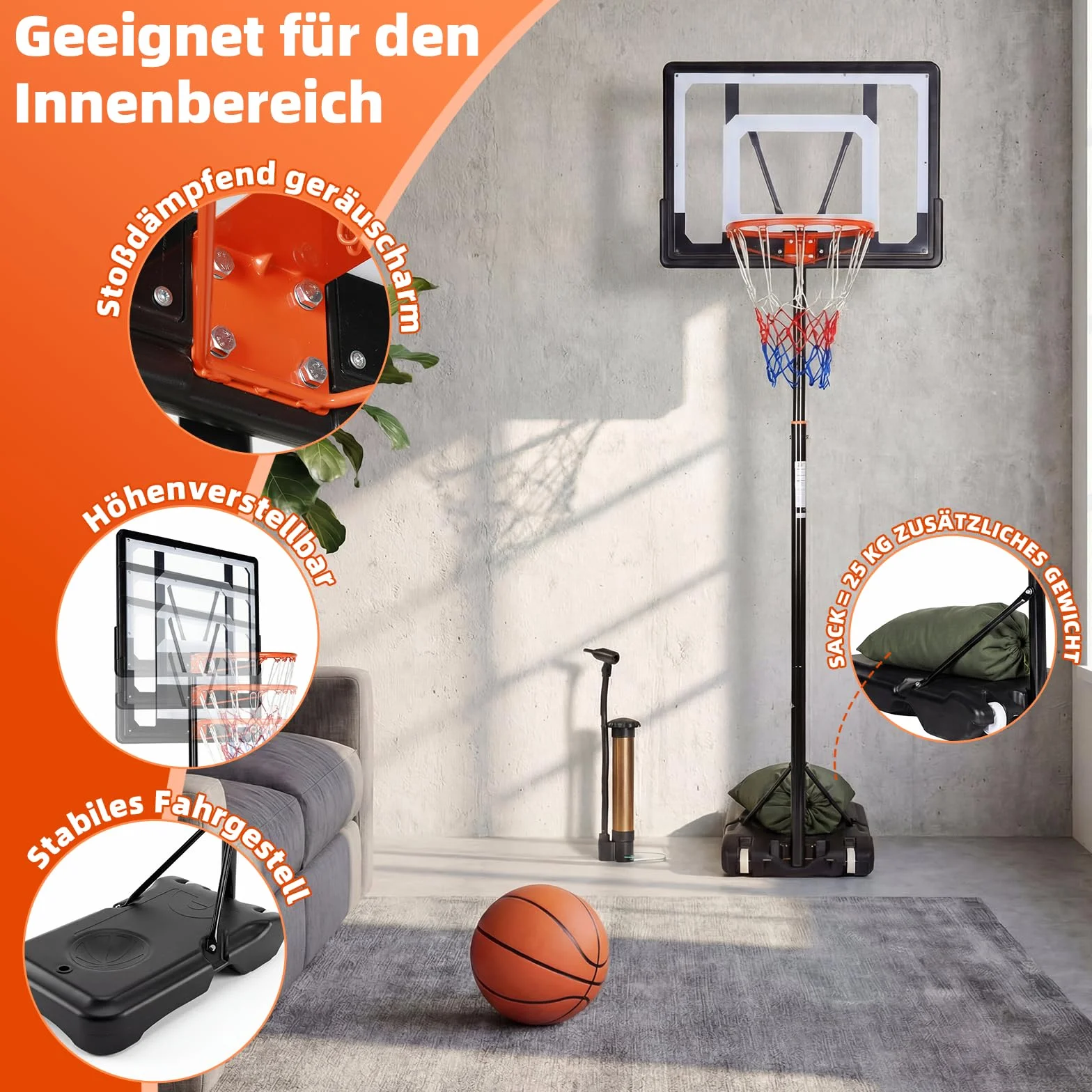 VOWNER Canasta de baloncesto exterior regulable altura soporte base ampliada saco arena incluye pelota bomba móvil equipo niños