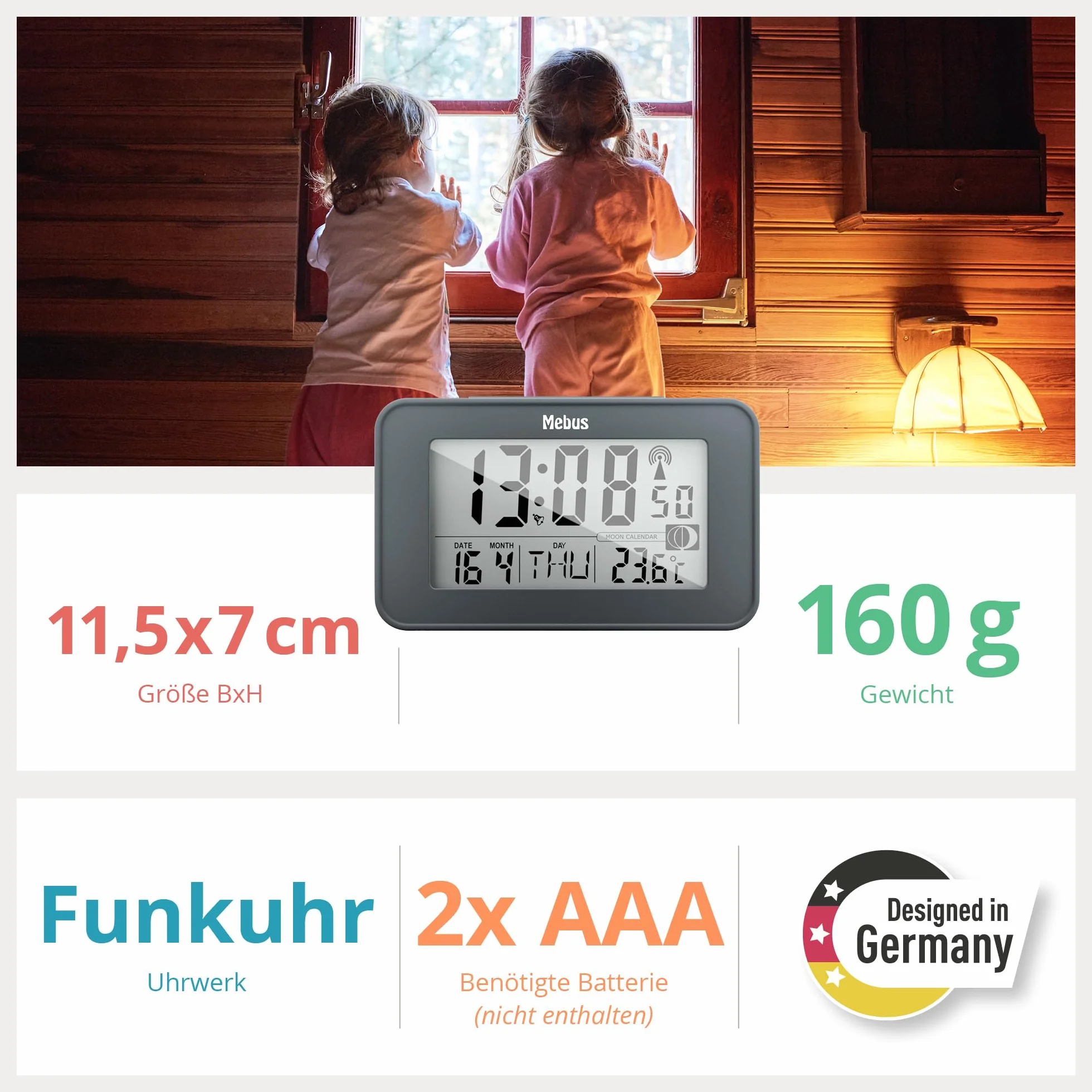 MEBUS digitaler Funk-Wecker mit Mondkalender, Beleuchtung, Innenthermometer, Schlummer-Funktion/Material: Kunststoff/Farbe: Grau/Modell: 51460