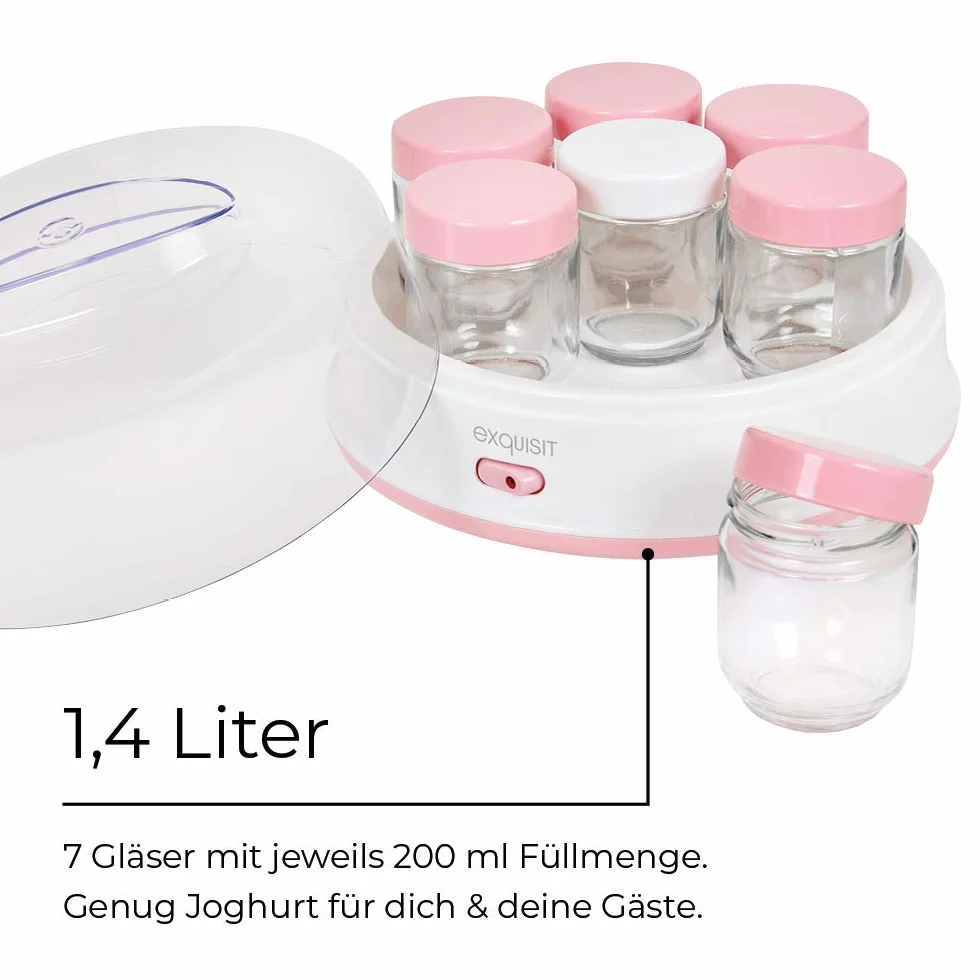 Exquisit YM 3101 WEP yogur Maker/yogurtera/15 W/7 Mucha vasos/1,4 L/, apto para lavavajillas, Blanco y Rosa