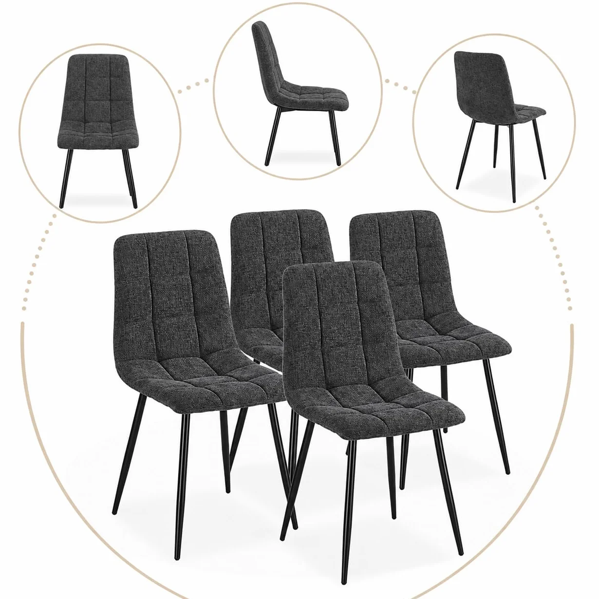 Homely® | Pack 4 sillas Aitana para Comedor | Elegante y Sofisticada | Sillas de Comedor con Acabado Tela Chenilla | Patas Metal Color Negro | Diseño cómodo y ergonómico | Gris Oscuro