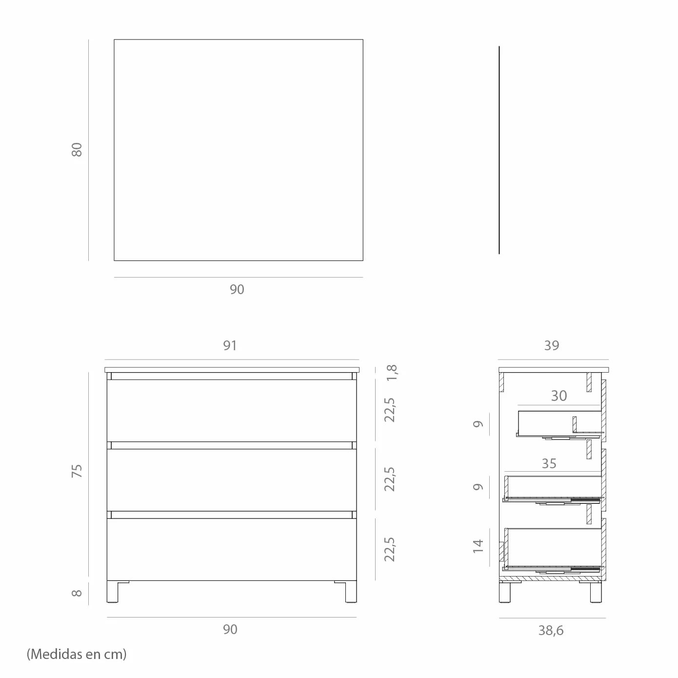 Baikal, Conjunto de baño Natura. Mueble de Baño de Fondo Reducido, con Lavabo cerámico. Distribución Tres Cajones. Mueble MONTADO. Tres Cajones con Espejo. Fondo 39cm 90 cm Nebraska