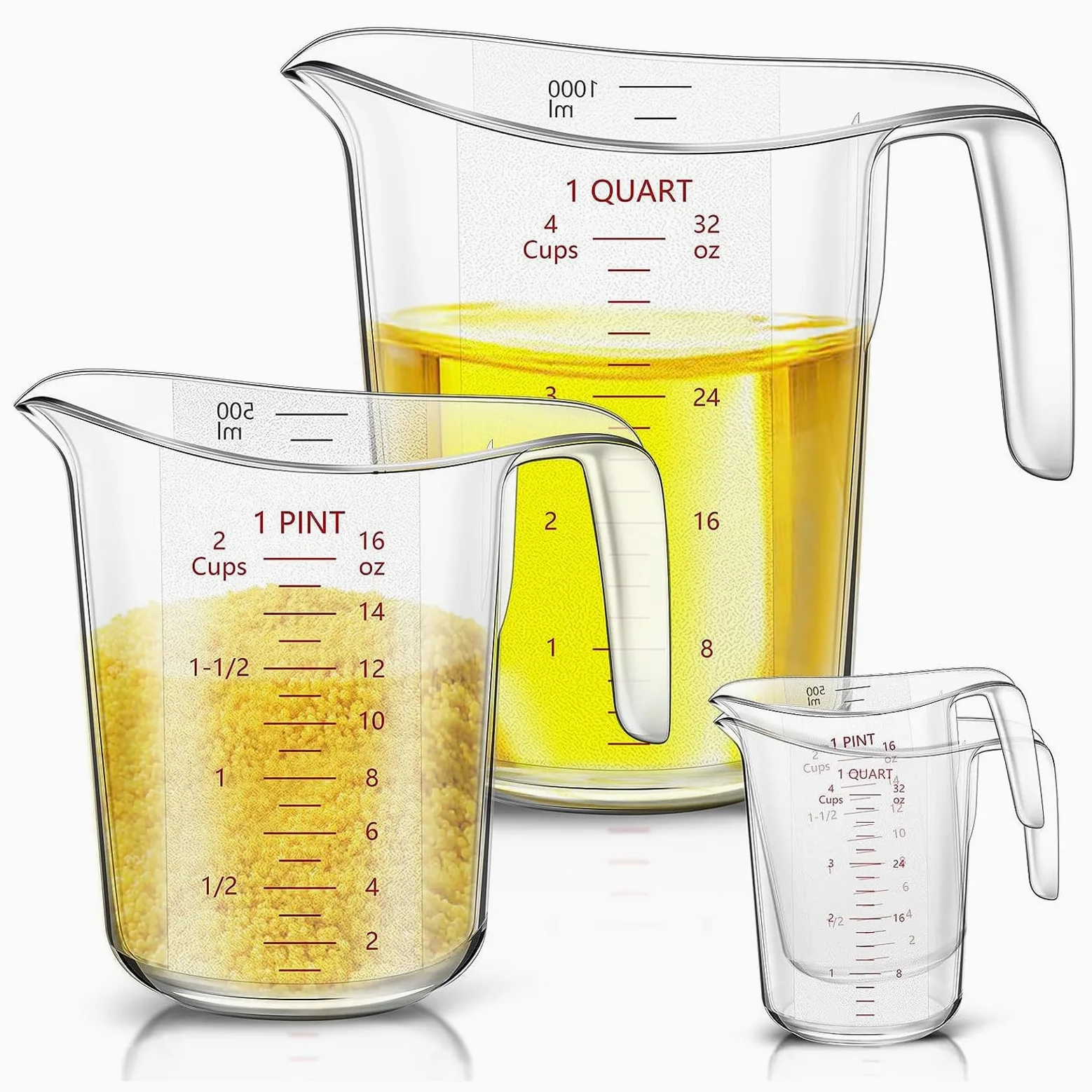 Vasos medidores de plástico, 2 vasos líquidos con boquilla en forma de V y mango, jarras medidoras para aceite líquido, harina de vinagre, 16 onzas, 32 onzas