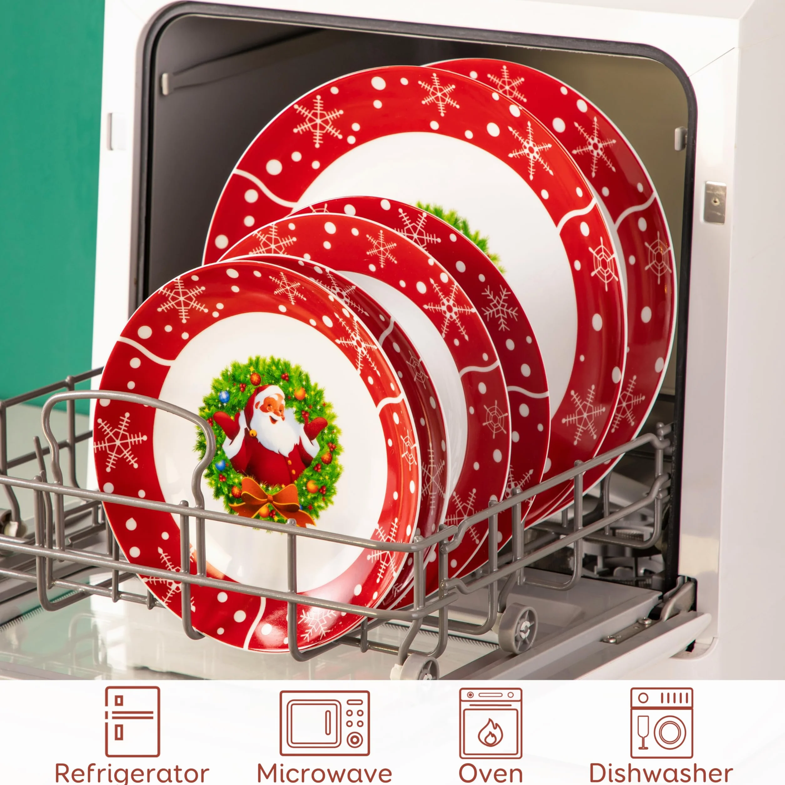 VEWEET, Vajilla de Navidad de 18 Piezas para 6 Personas en Porcelana, con Platos Llanos, de Postre y Hondos, Decoración Navideña Roja con Motivo de Papá Noel, Serie SANTACLAUS