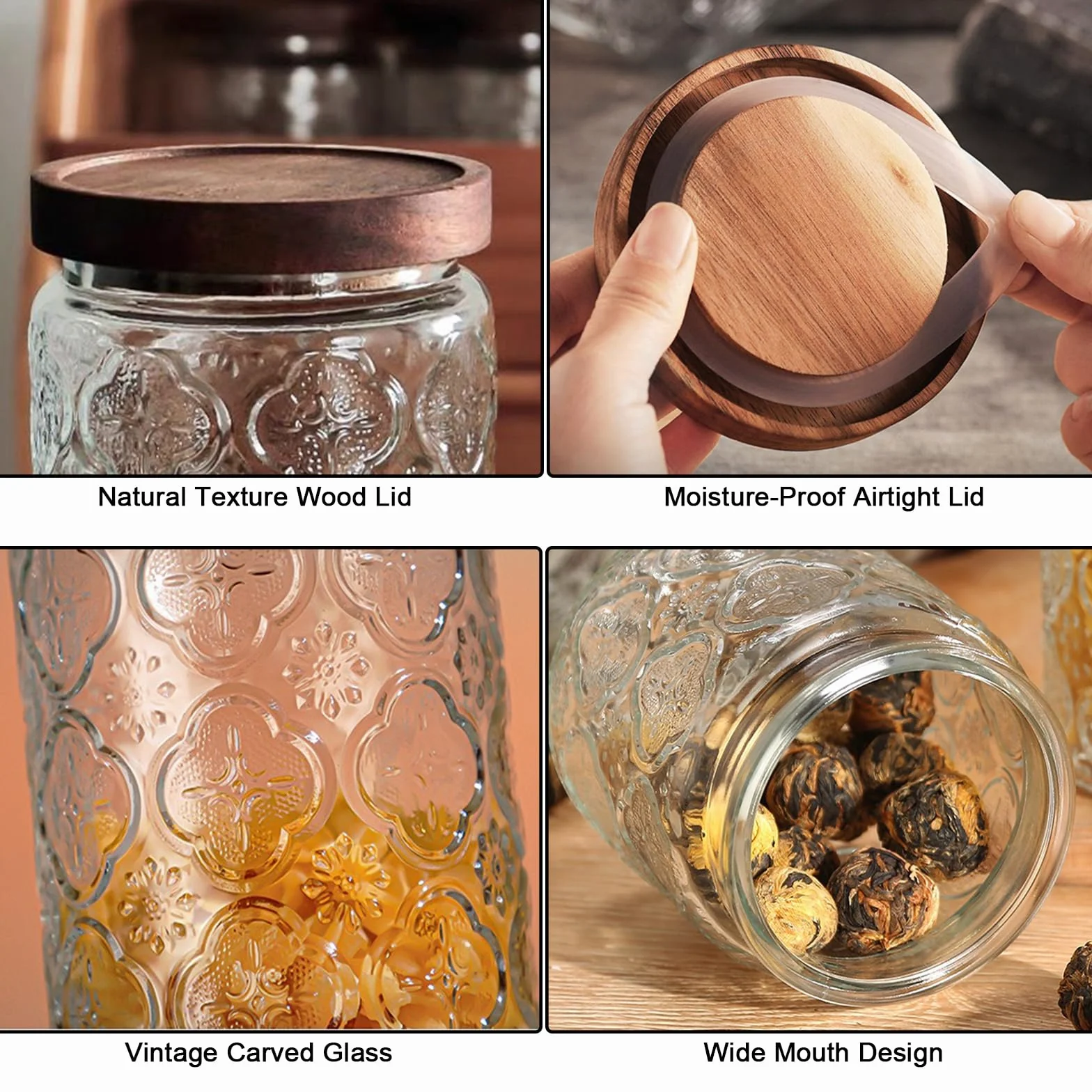 Juego de 2 tarros de cristal con tapa de 1000 ml, herméticos para cocina, tarros de especias grandes con tapa de madera para cocina, despensa, granos de café, harina, avena, cereales, pasta