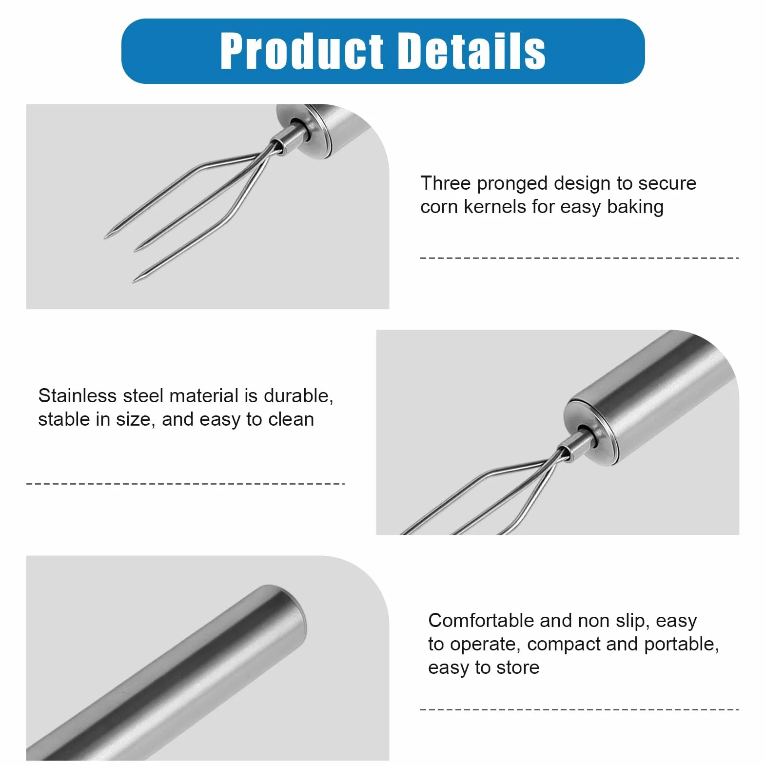 Juego de 4 Tenedores para Papas Asadas de Acero Inoxidable 430 - Pinchos para Maíz Reutilizables, Tenedores para Carne (14.5 cm) - Para Pelar, Parrilla y Camping - Ecológicos y Aptos para Lavavajillas