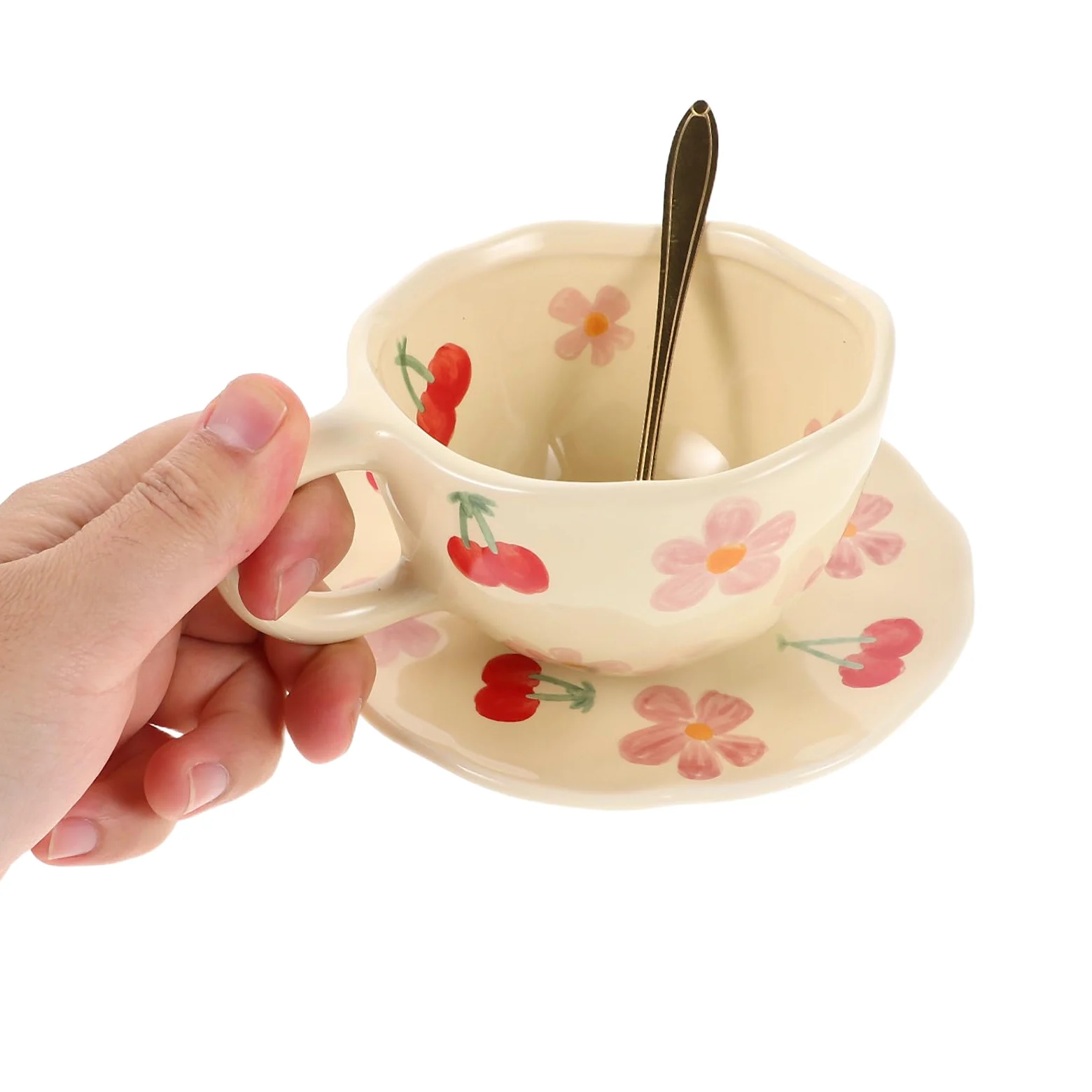 Juego de Taza de Café Adecuado para Reuniones Familiares y Descansos en Oficina de Cerámica Rosa con Platillo y Cuchara, Diseño Único Resistente que Previene Manchas