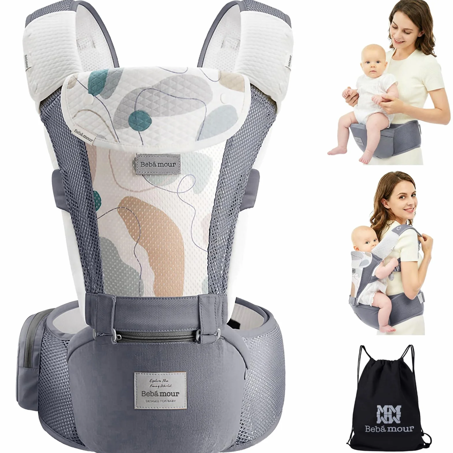 Bebear Bebamour Portabebés 0-36 meses Mochila Portabebés Malla Aire 3D Recién Nacidos Niños Pequeños Baby Carrier 3D Air Grey