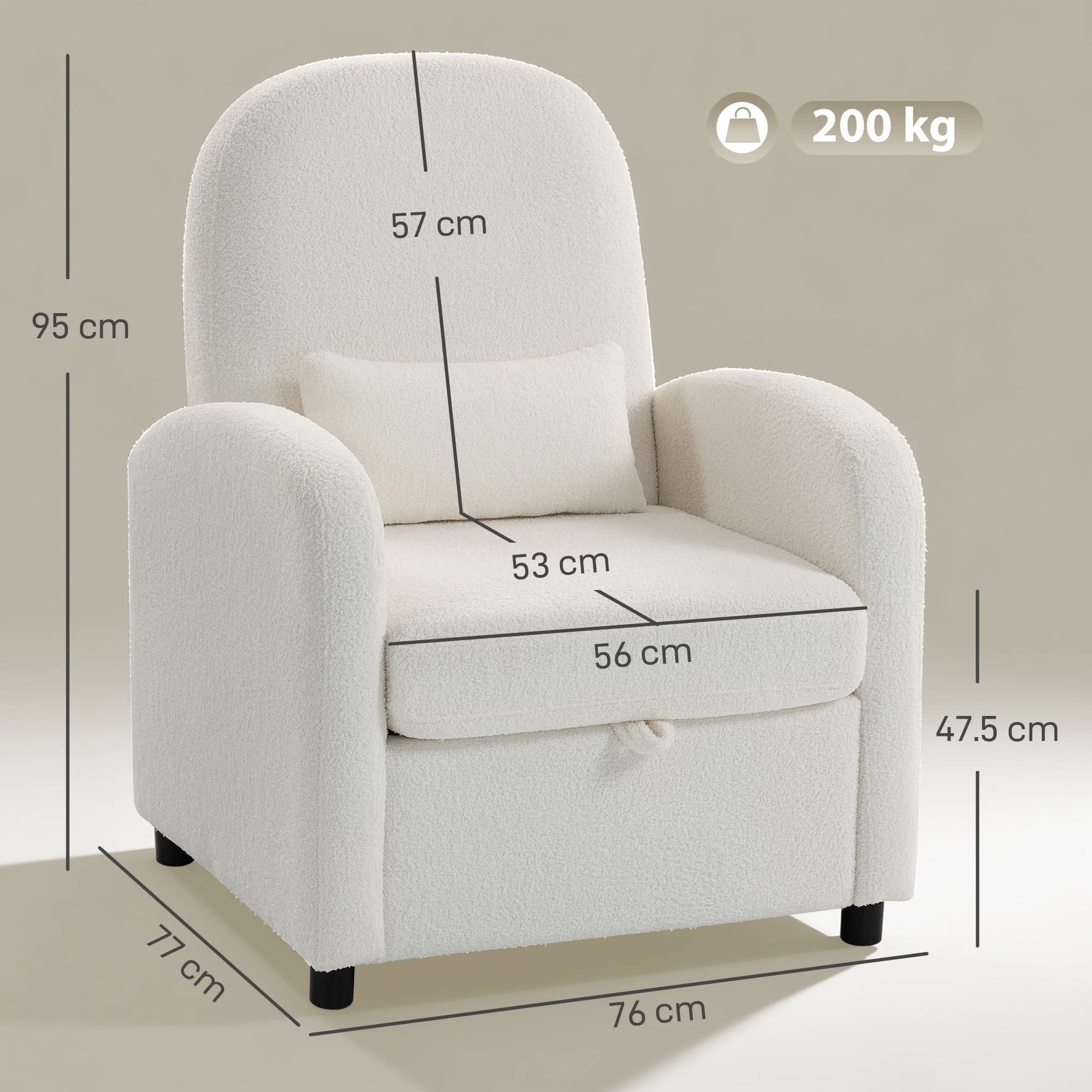 HOMCOM Sillón de salón acolchado con almacenamiento oculto, respaldo alto, sillón moderno con reposabrazos, cojín lumbar y asiento ancho, de terciopelo de peluche, para dormitorio y salón, color crema