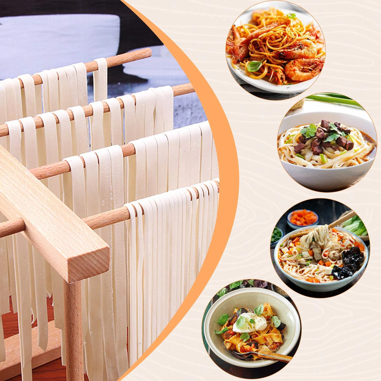 DIYARTS Plegable Soporte Secador Pasta, 8 Hileras de Madera de Haya Secadoras de Espaguetis Pasta Fideos Secado Soporte para Colgar