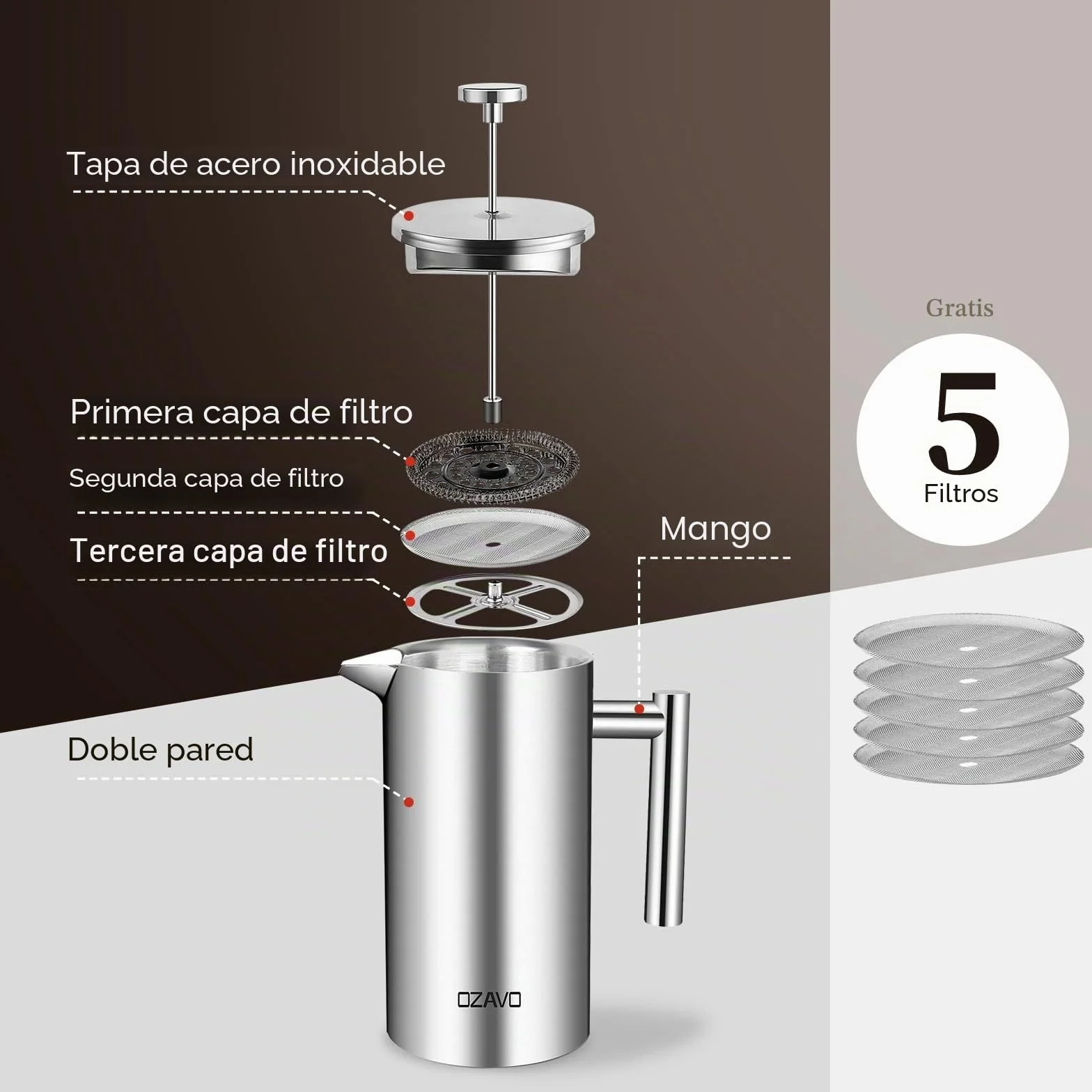 Cafetera de Émbolo Individual Prensa Francesa Acero Inoxidable 1L Plateado