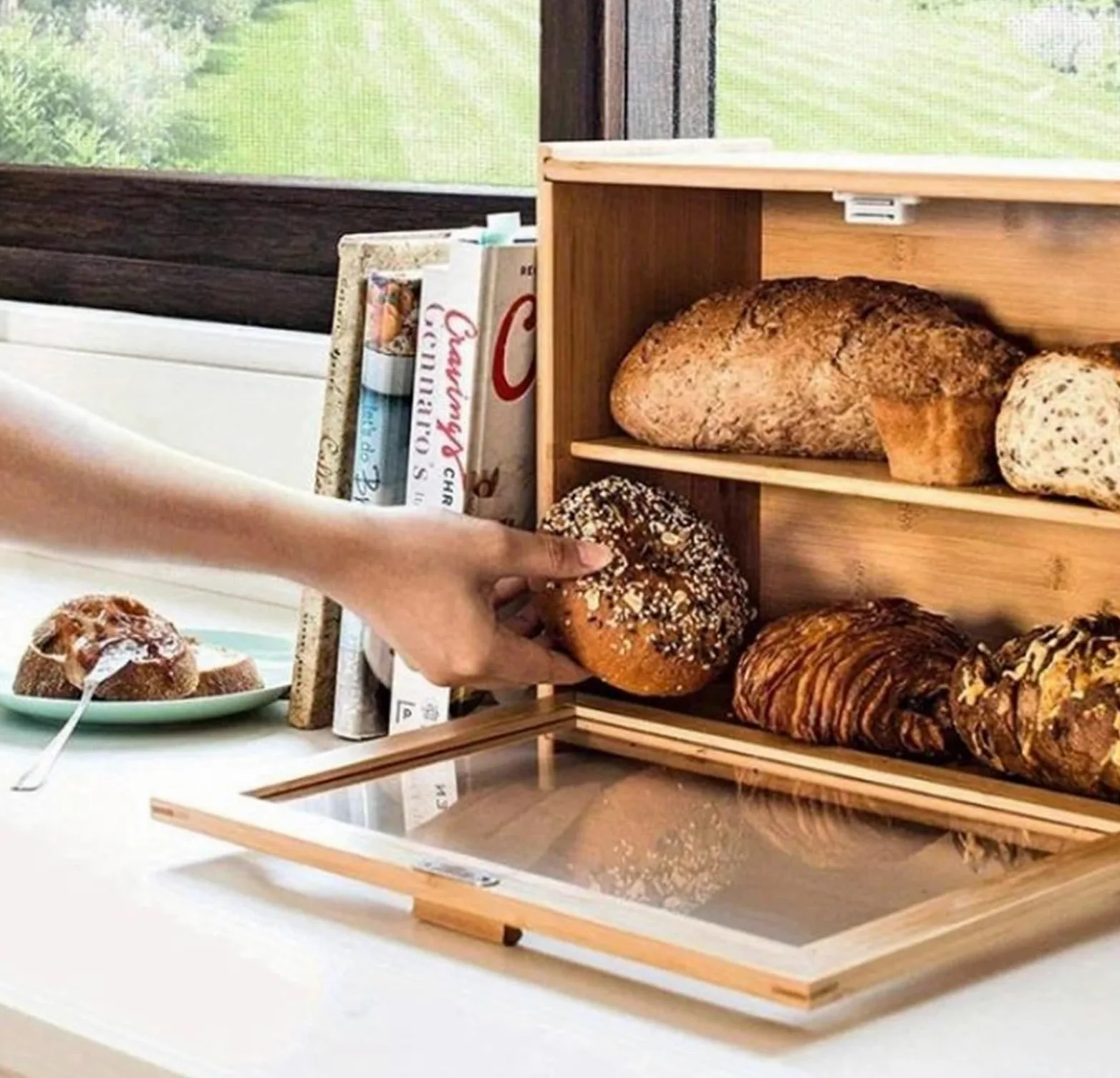 Caja De Pan Panera Para Pan Caja De Pan De Bambú, Soporte De Almacenamiento De Pan Doble, Contenedor De Pan De Gran Capacidad, Organizador De Cocina, Caja De Pan De 2 Capas Caja Contenedor De Pan