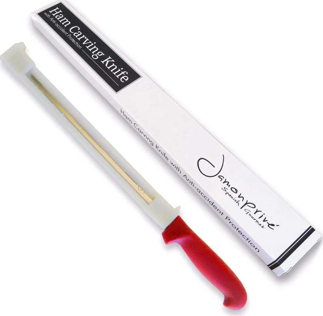 Jamonprive - Cuchillo Jamonero con Protector Anti-accidentes para Zurdos & Diestros (30 cm) - Ideal para cortar el Jamón Serrano e Ibérico