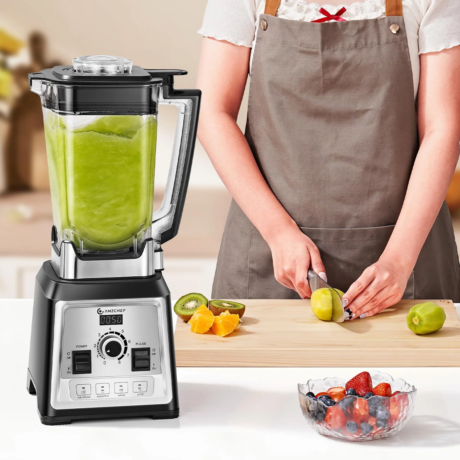 AMZCHEF Profesional Batidora, 2000 W batidora eléctrica con 4 funciones de un botón y 8 velocidades ajustables y función pulsaciones, batidora con 8 cuchillas de acero inoxidable – 25 000 rpm