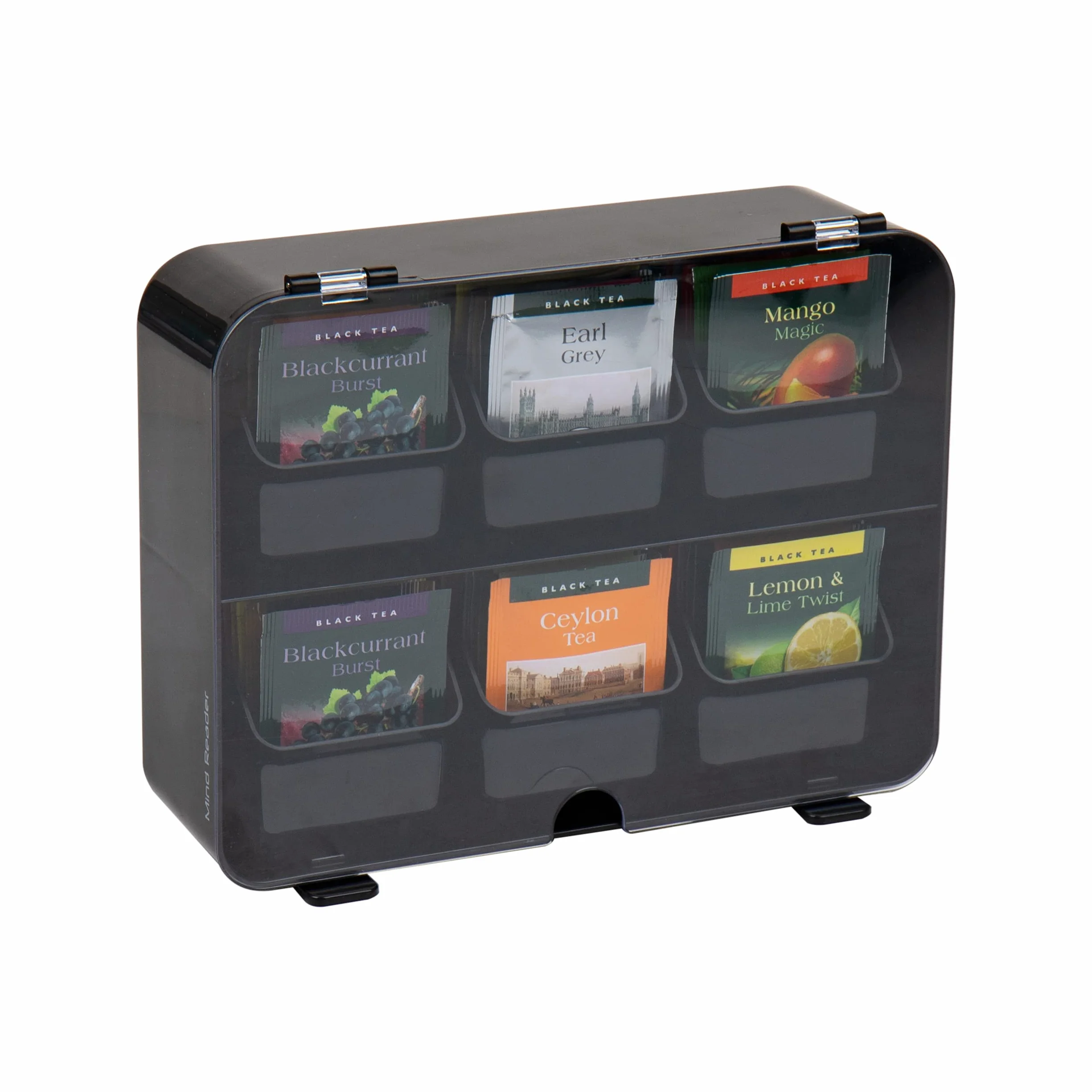 MInd Reader Foundation Collection, organizador de bolsas de té de 6 compartimentos, capacidad para 72 bolsas, cajones extraíbles, tapa transparente con bisagras, organizador de encimera, montaje en