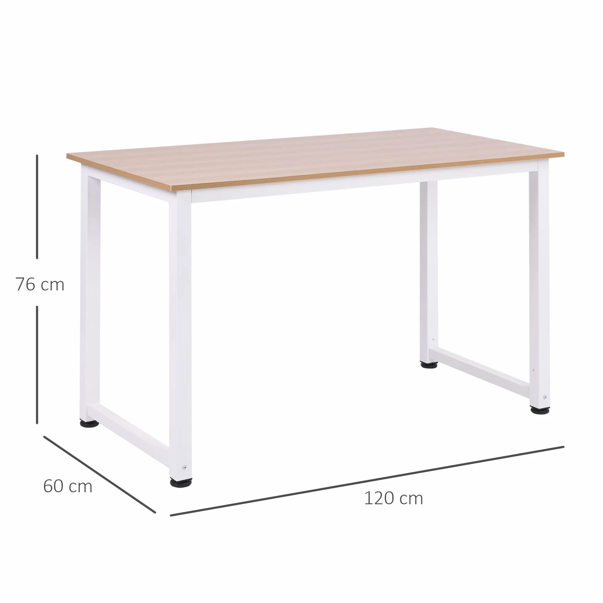 HOMCOM Mesa de Escritorio Moderna Marco Acero 120x60x76 cm Blanco y Natural | Mesa de Estudio, Pies Ajustables, Mesita de Ordenador, para Oficina Hogar