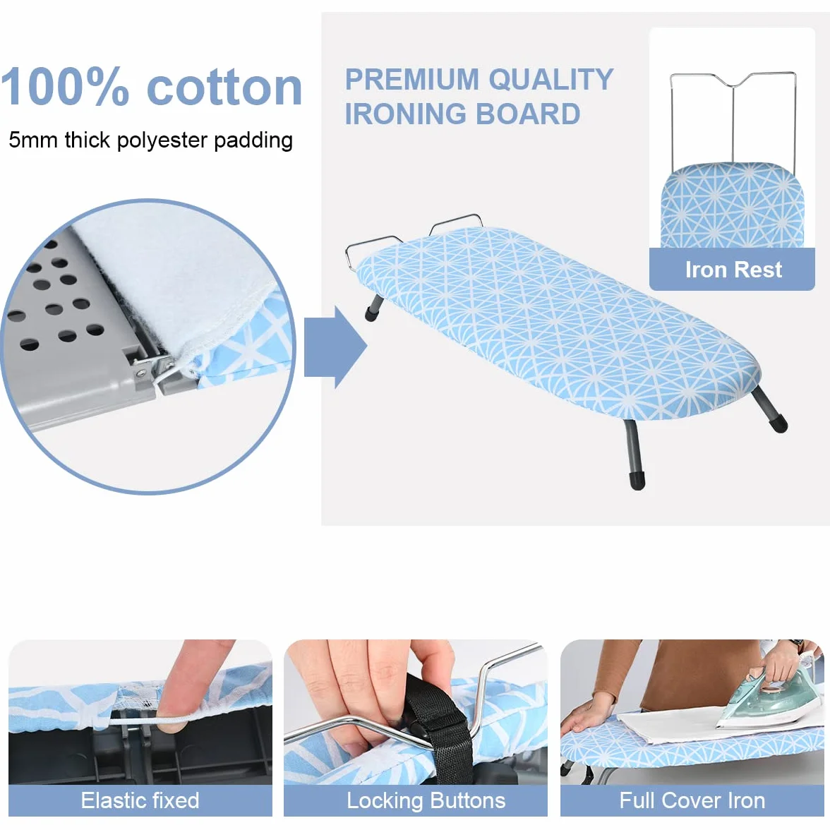 Johgee Tabla de planchar plegable con soporte para plancha, mesa compacta plegable de vapor con 2 fundas, patas plegables antideslizantes, peso ligero, ideal para apartamentos y caravanas, 82x32 cm