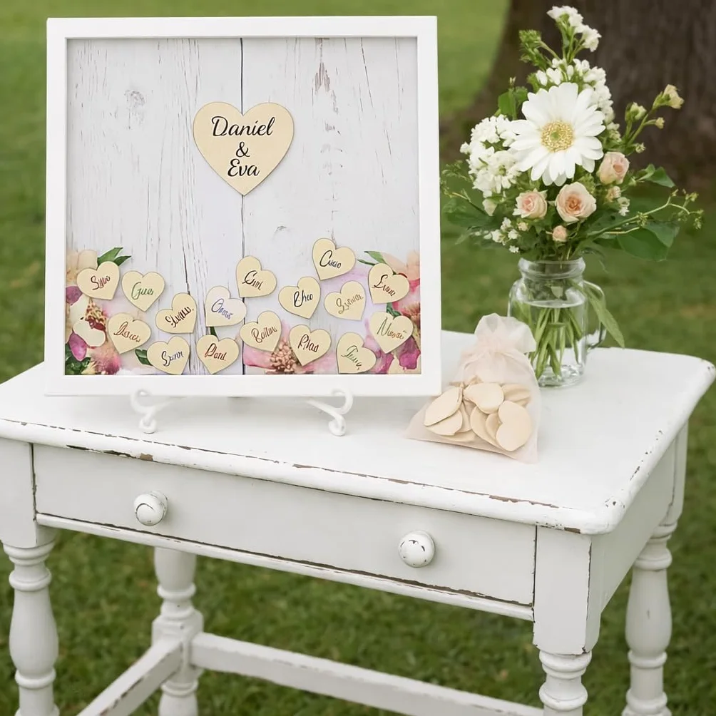 Didart Handmade Libro de visitas Boda. Firma Invitados, Tamaño 36 x 36 cm.80 Corazones Boda, Comunión, Bautizo. Marco de Madera blanco con Soporte de Hierro
