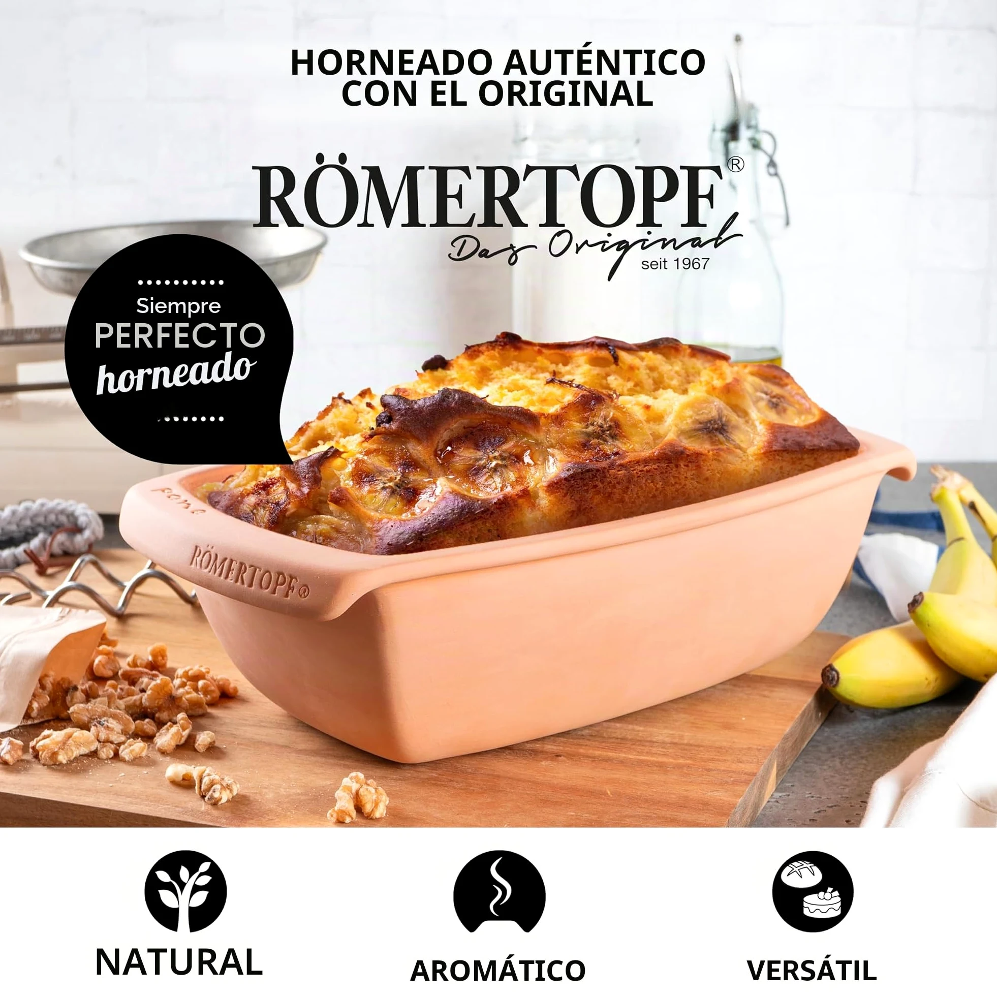 Römertopf – Fuente de horno de cerámica para asar, aprox. 34,5 x 20,5 x 11 cm, color terracota, apta para horno y lavavajillas | Aprox. 31,5 x 16 x 9,5 cm, molde esmaltado para pan y pasteles, apto para horno, apto para lavavajillas