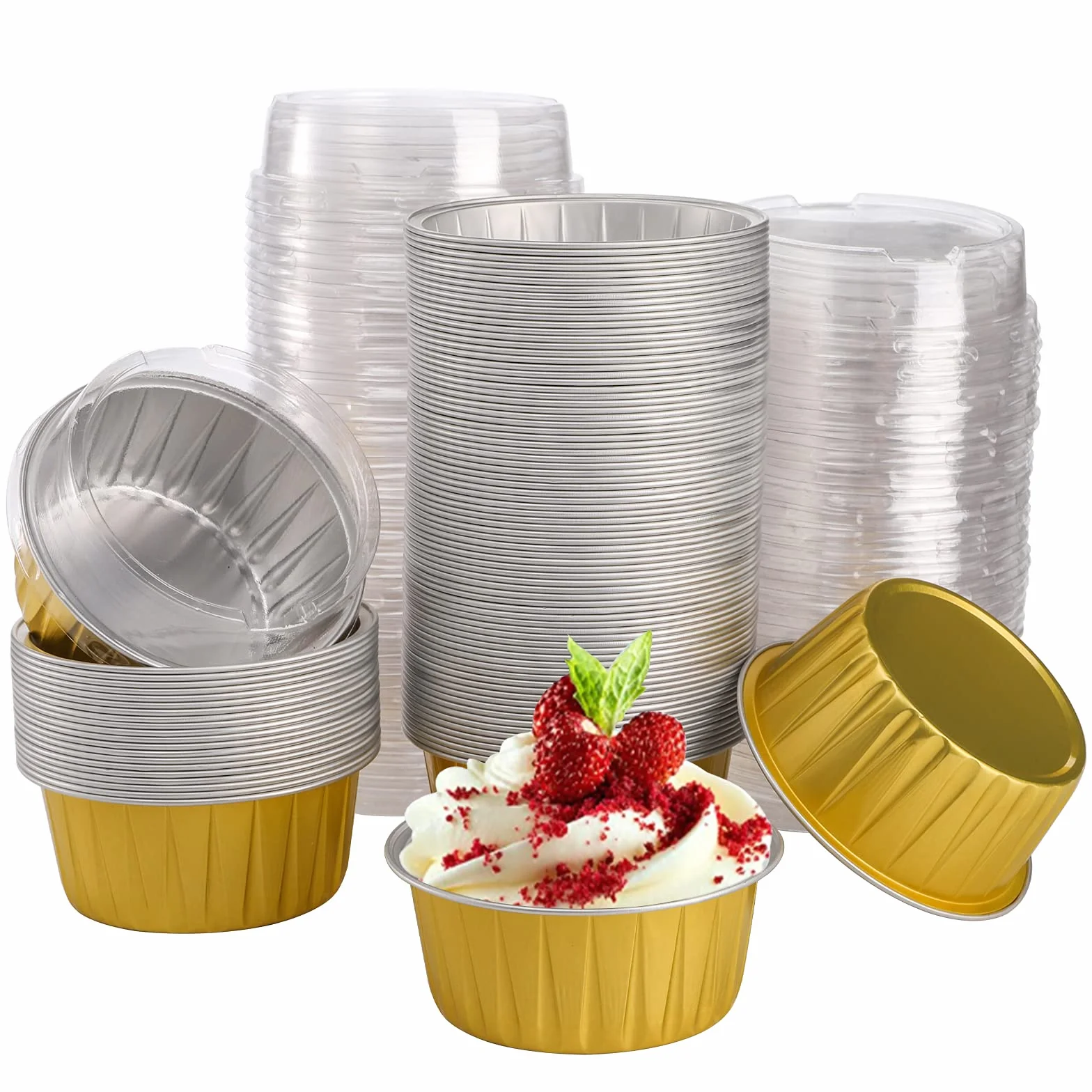 DEAYOU 100 piezas de papel de aluminio para magdalenas, 5 onzas con tapas, mini latas de 3 pulgadas, soporte para tazas para soufle, pudín, fiestas, boda, oro