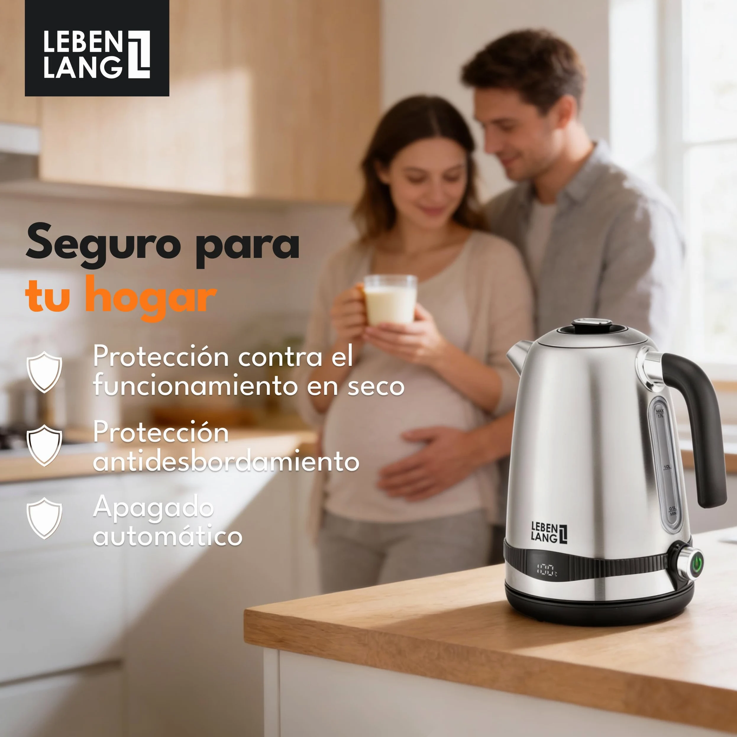 LEBENLANG Hervidor de agua de acero inoxidable con ajuste de temperatura - silencioso, con indicación de temperatura y función de mantenimiento del calor - 1,7l y 2200W | Hervidor de agua eléctrico | Silencioso, con indicación de temperatura y función de