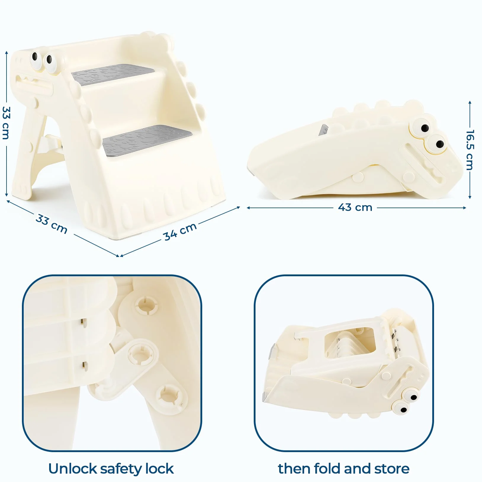 Onasti Taburete Plegable para Niños con Escalón Antideslizante 2 Pasos, Diseño Dinosaurio Blanco