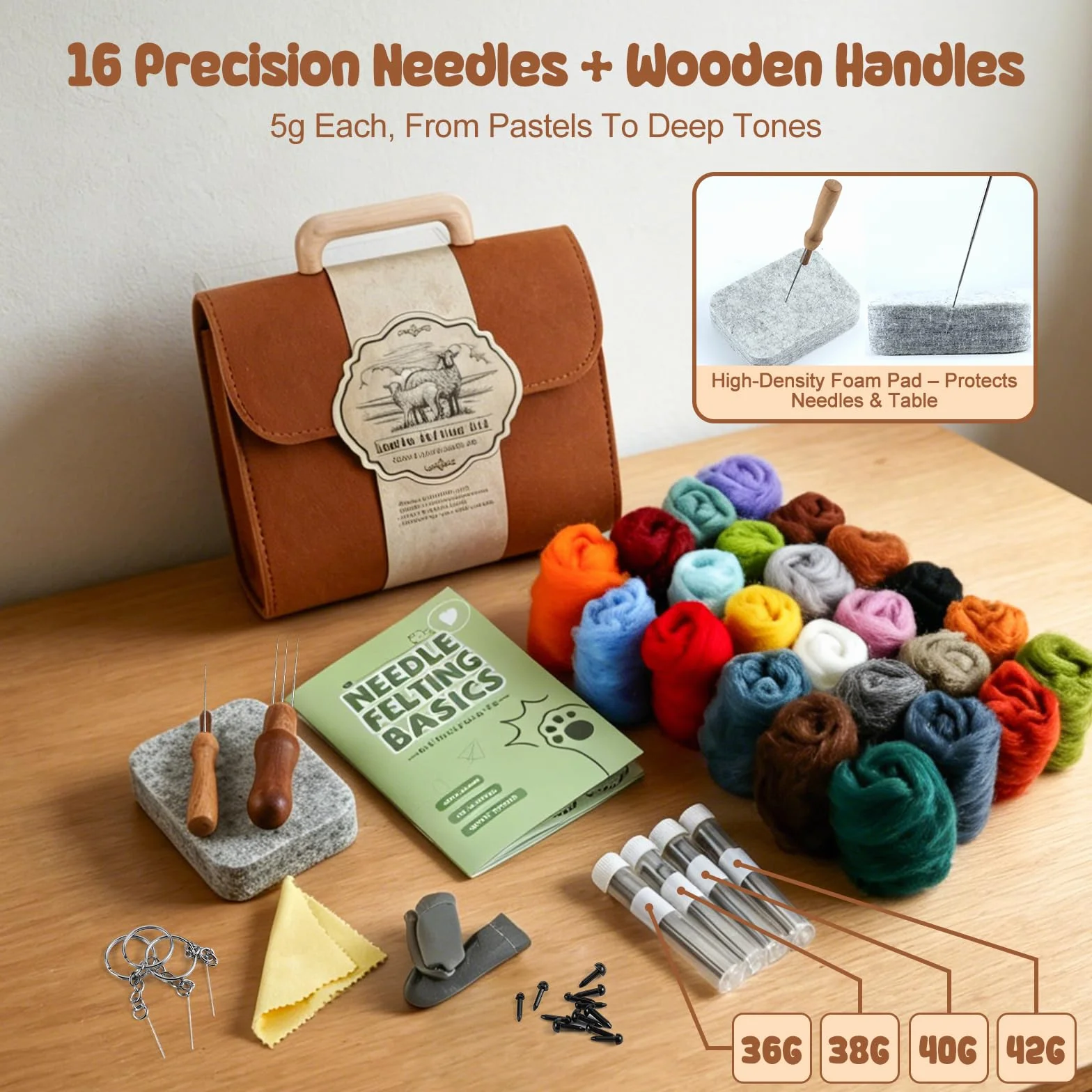 5g Fieltro de Lana 24 Colores con Bolsa de Almacenamiento, Fieltro con Aguja que Incluye de Lana, 16 Agujas, Mangos de Madera, Almohadilla de Espuma, 3 Llaveros, DIY para Principiantes y Adultos
