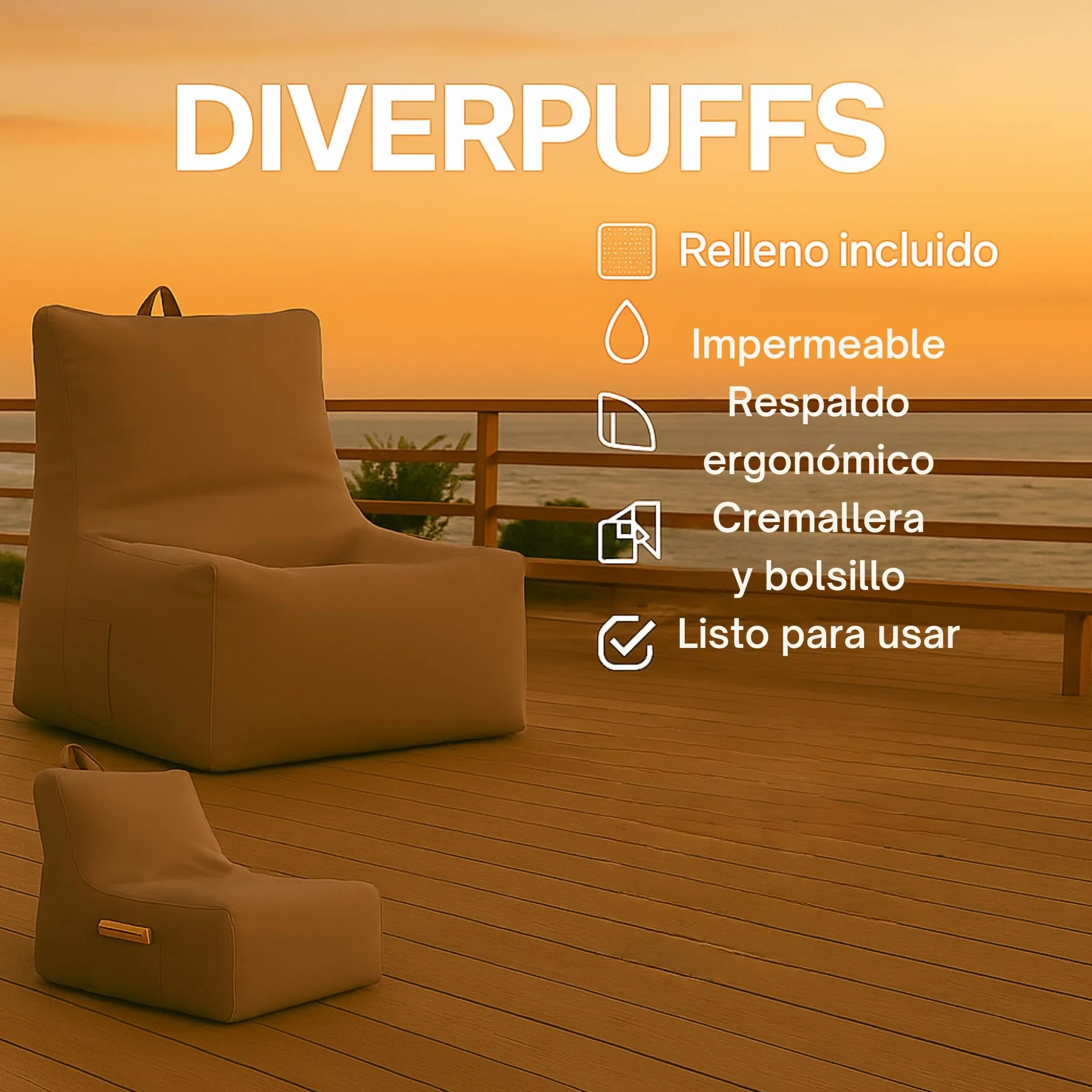DIVERPUFFS Puff Taupe Sofá Relax Jardin Exterior Interior Asiento Comodo Relleno Incluido Portátil Respaldo Ergonómico Impermeable UV Protegido Diseño Moderno Durable Ligero Listo para Usar