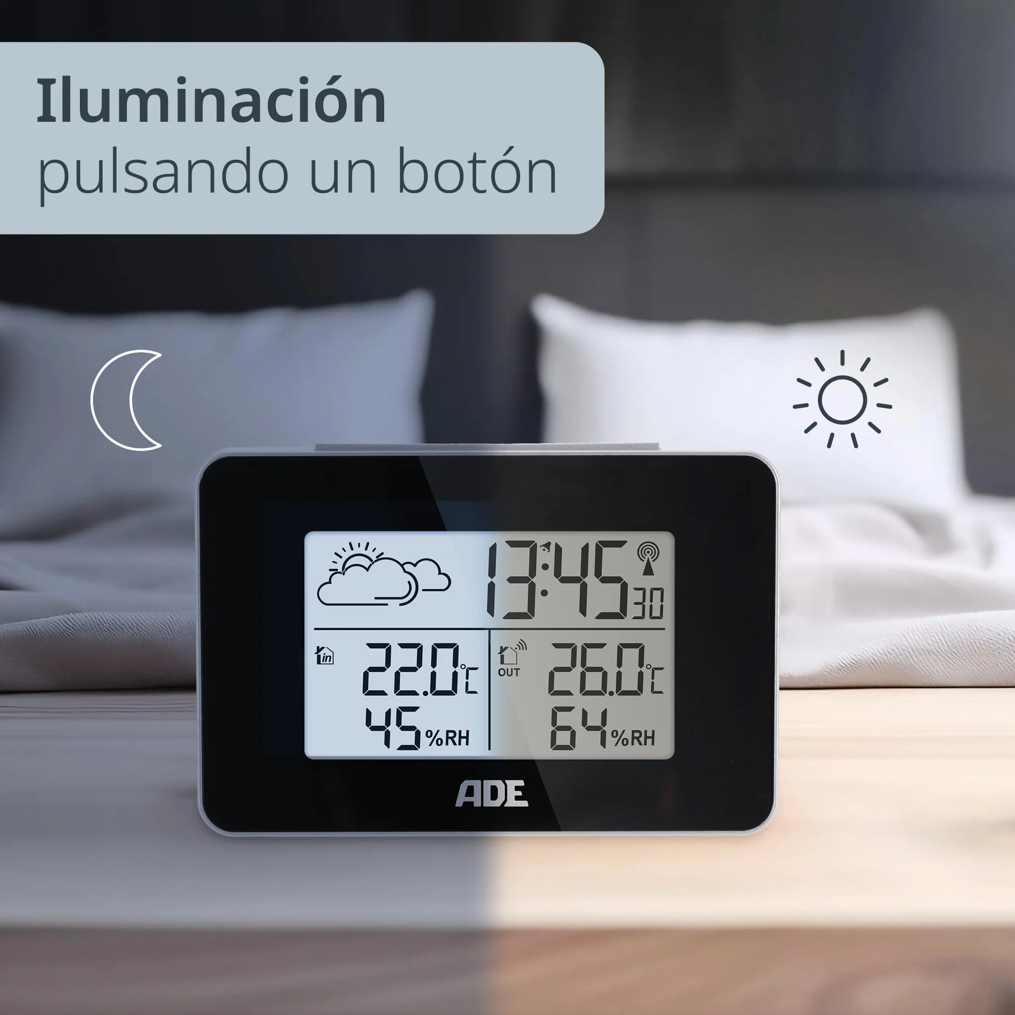 ADE Estación meteorológica digital radiocontrolada con sensor exterior | temperatura interior y exterior | medidor de humedad | previsión meteorológica animada | despertador | negro