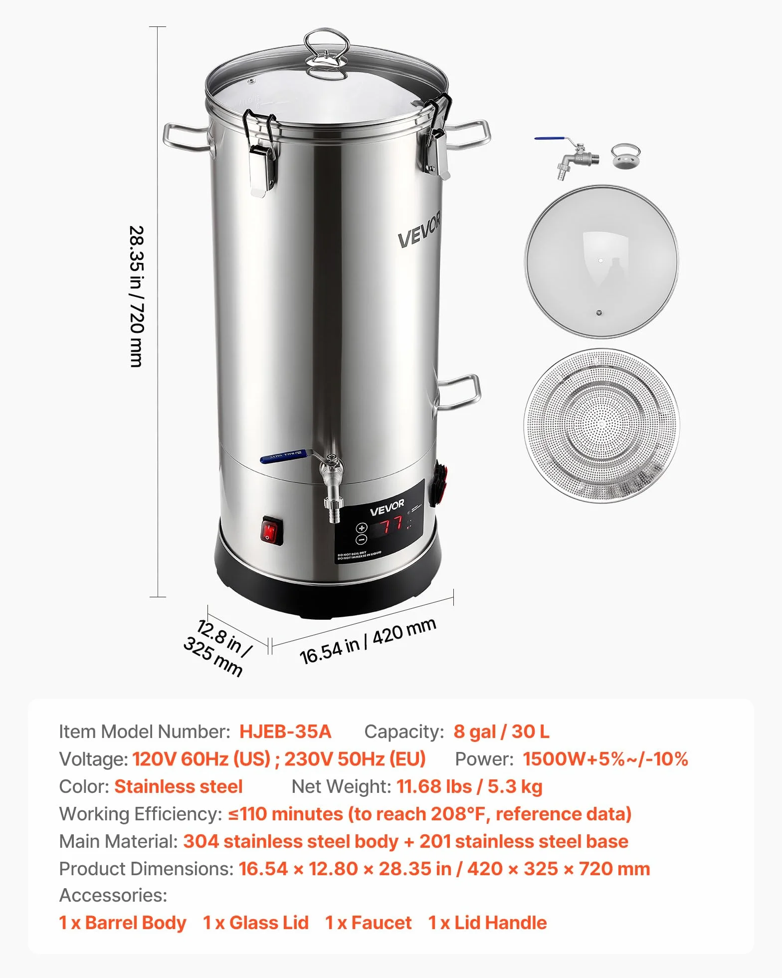 VEVOR Sistema Eléctrico de Elaboración de Cerveza, Olla de Cocción de 30 L, Carcasa de Acero Inoxidable 304, Macerador con Barril Interior Integrado, Asa y Grifo Reforzados, 420 x 325 x 720 mm