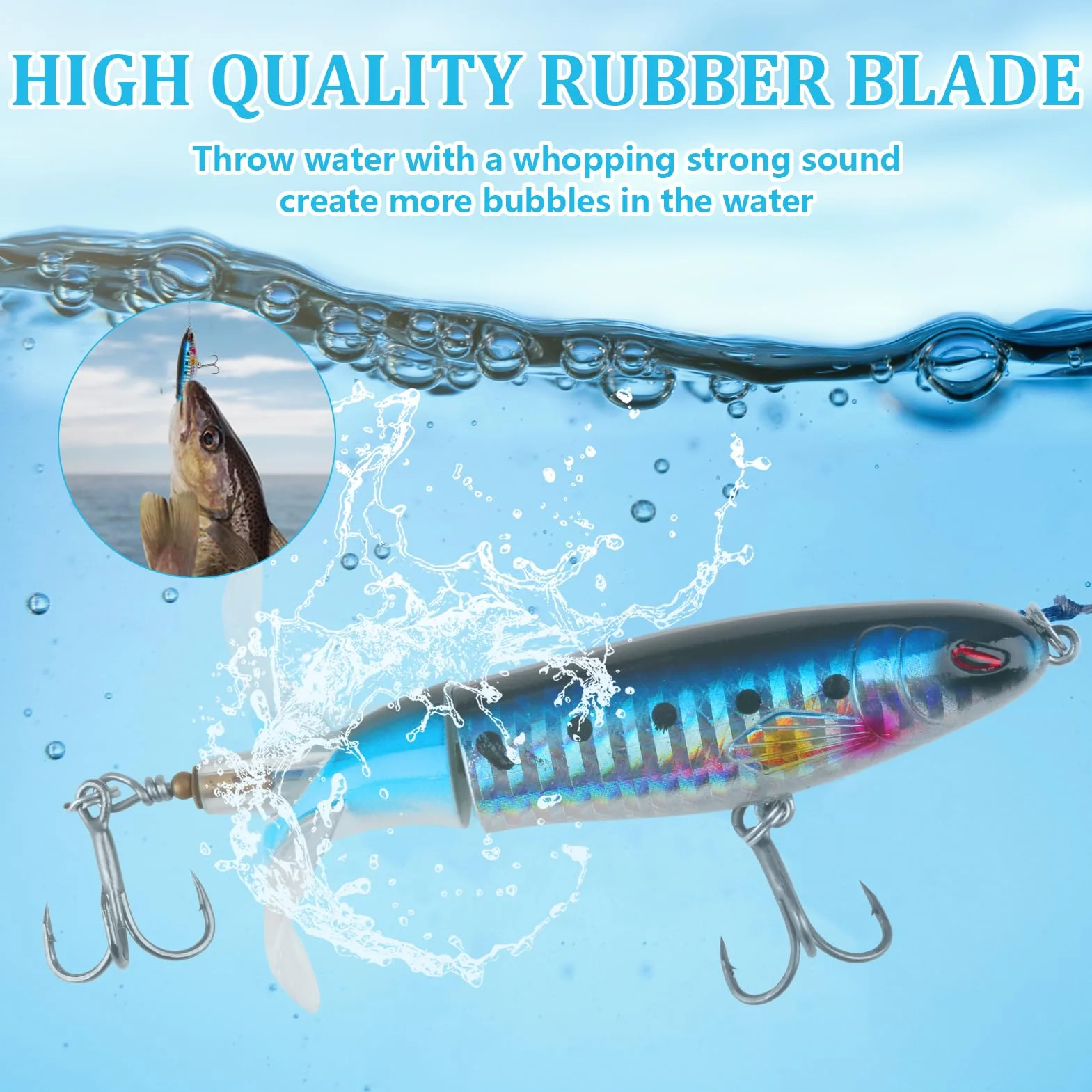 3 señuelos de pesca Topwater con anzuelos Pencil – Señuelos para bass, catfish, pike y perch – Señuelo flotante de agua salada o dulce con hélice de cola