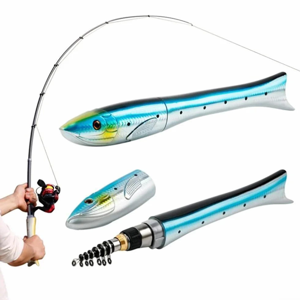 Caña de pescar carbono ajustable diseño pez azul