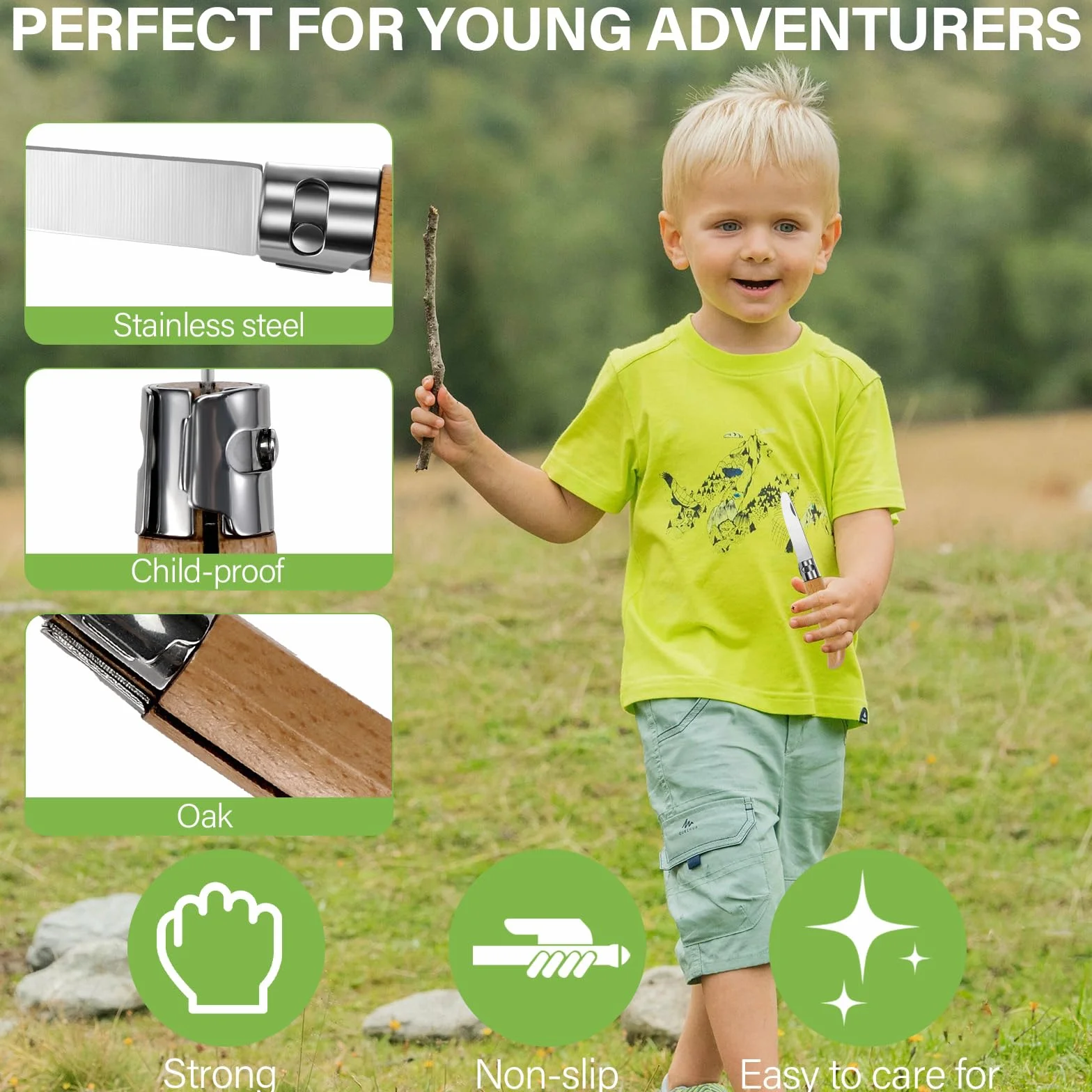 Cuchillo de tallado para niños con mango de madera plegable y guantes
