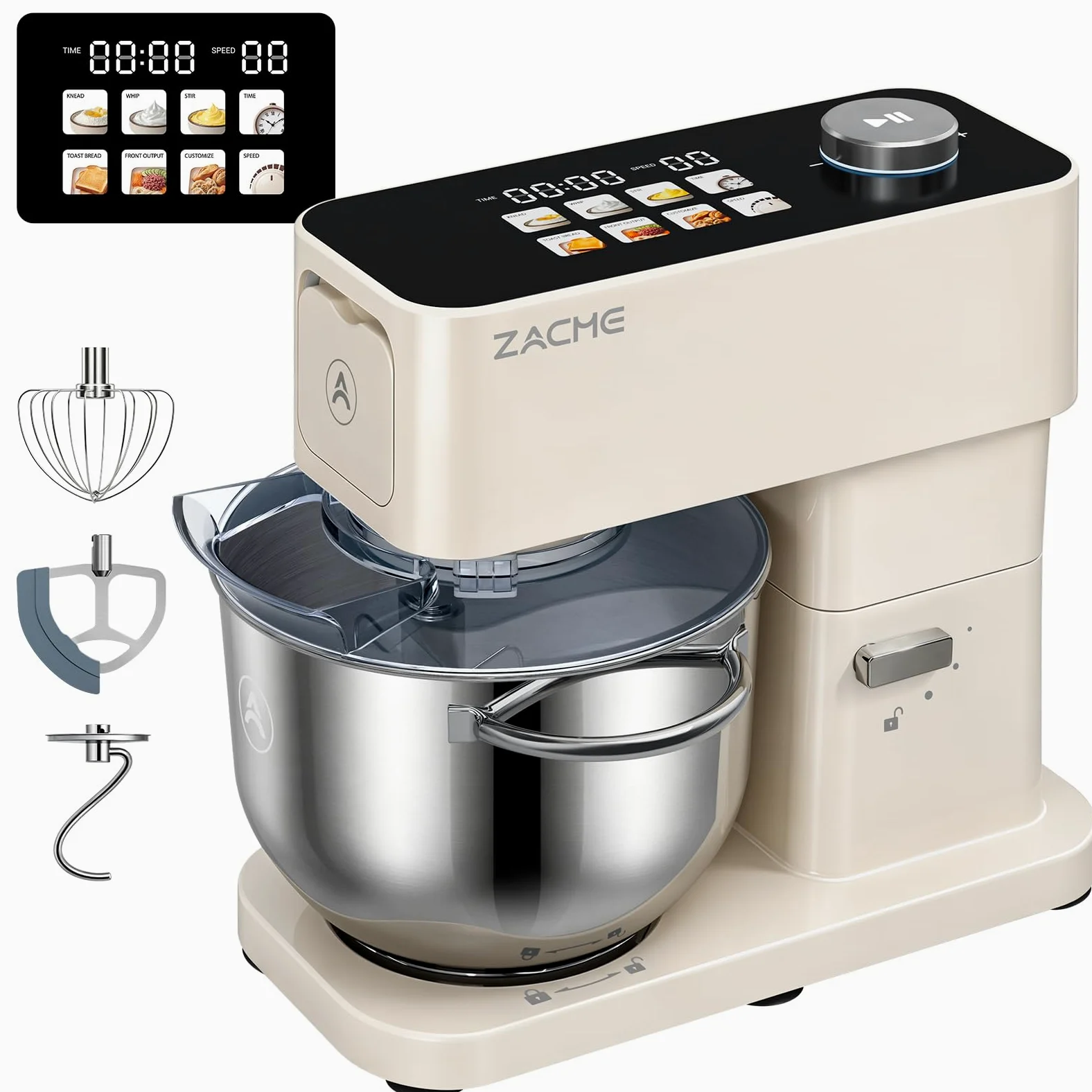 ZACME Robot de cocina de 1200 W, cuenco de acero inoxidable de 5,2 L, motor de CC silencioso, transmisión de 11 niveles, incluye 3 herramientas para mezclar (gancho para amasar, batidor, batidor