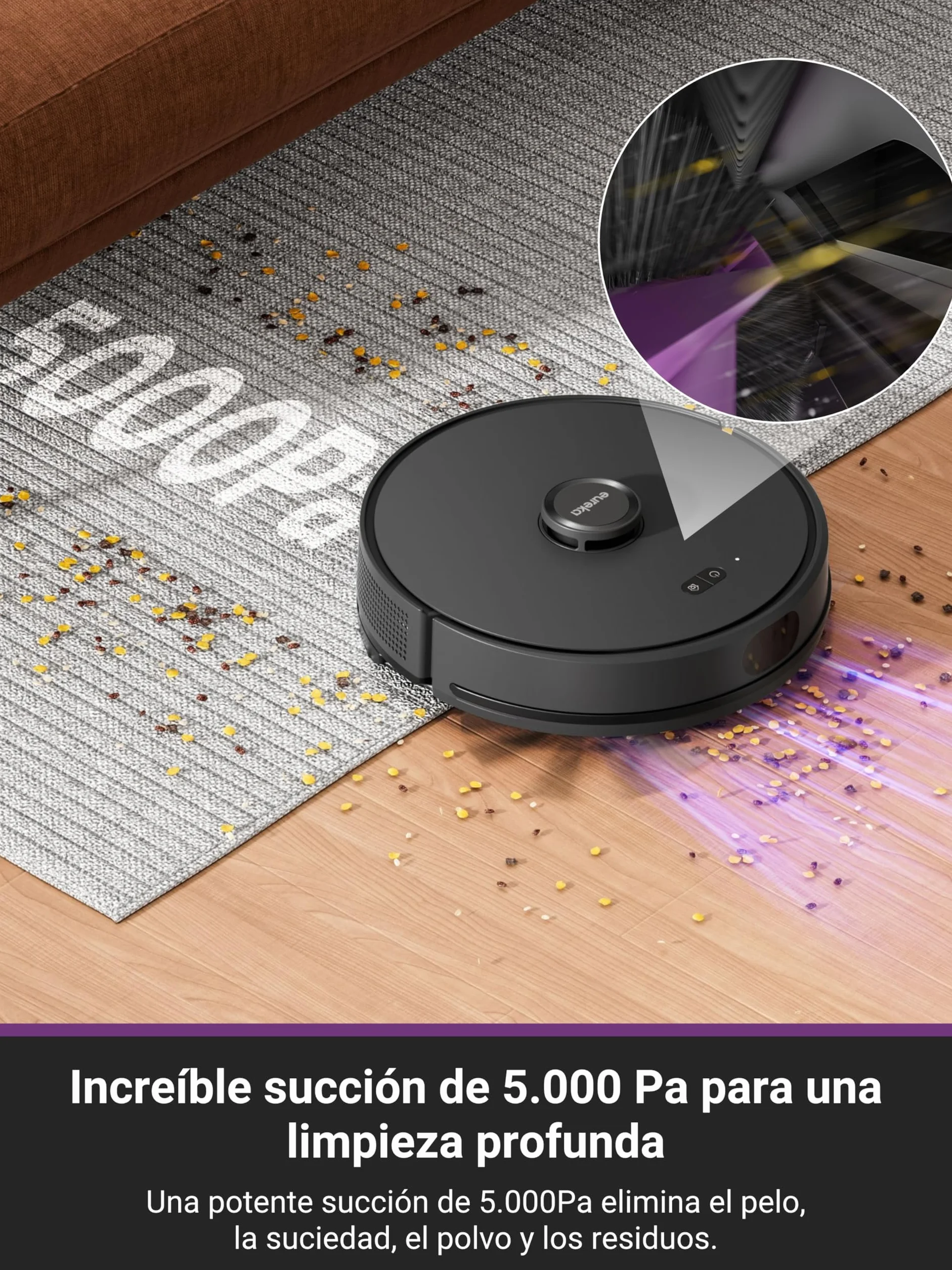Eureka E6 Plus Robot Aspirador y Fregasuelos, 5000Pa Succión Potente, Base de Vaciado Automático 2.5L,Sistema LiDAR preciso, Control por App, Diseño Anti-enredo, Ahorrador de Espacio,Mapa Multicapa