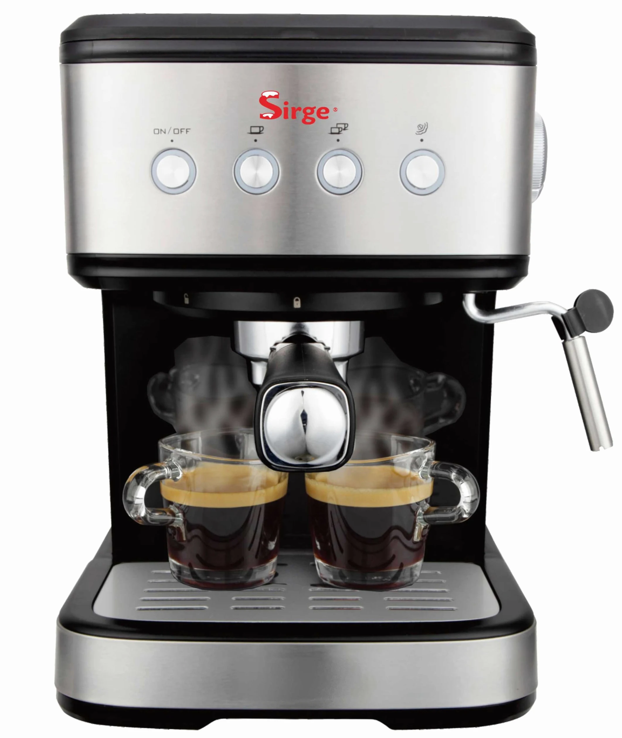 Sirge LUSSY - Cafetera Máquina para Café Expreso, Capuchino y Bebidas Calientes, Utiliza Café en Polvo y/o Monodosis. Potencia 1100 W. Bomba Italiana de 15 Bar con 3 Filtros Incluidos