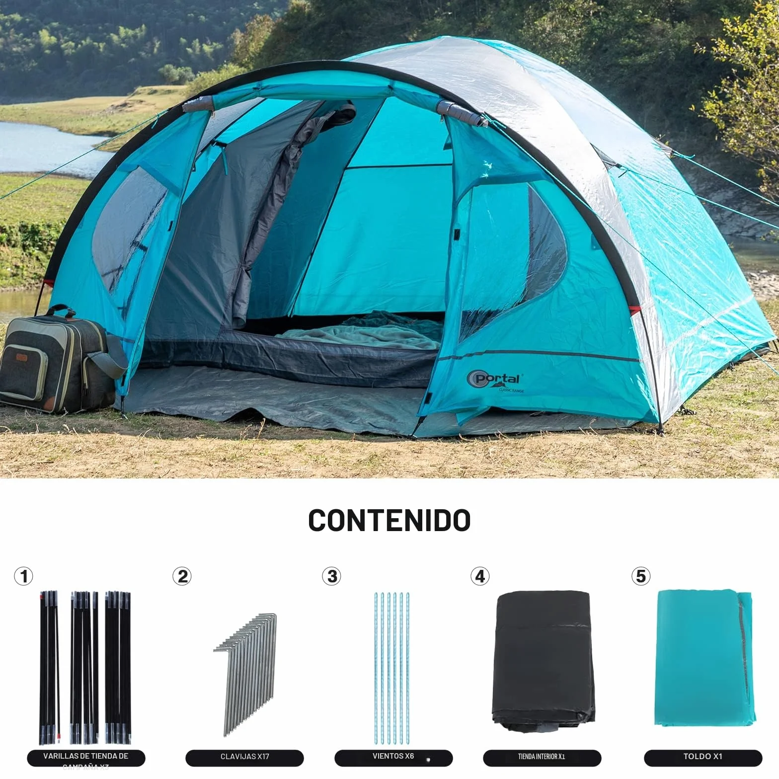 Tienda de campaña impermeable 4000 mm para 3-4 personas con toldo familiar camping viajes trekking jardín