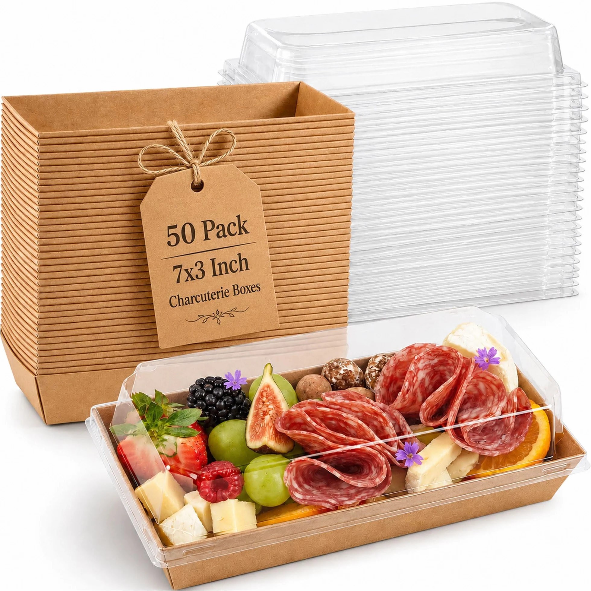 Paquete de 50 cajas pequeñas de charcutería de 7.5 x 3.3 pulgadas con tapas transparentes, mini caja de papel para llevar, accesorios de tablas de charcutería, cajas de postre, galletas, rebanadas de
