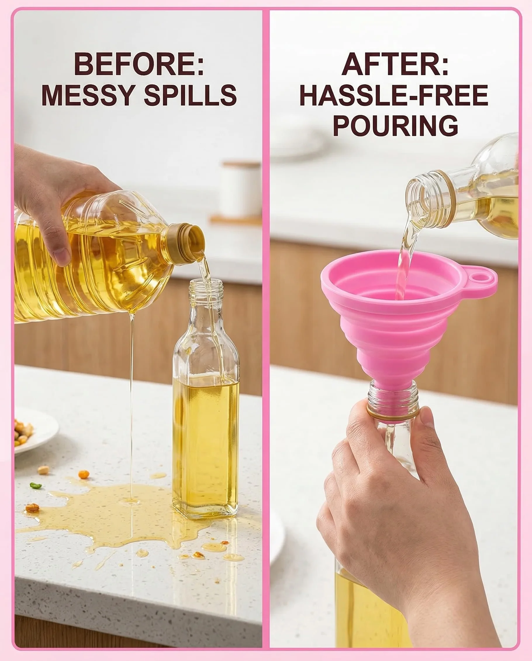 4 Embudos Plegables de Silicona, 2 Tamaños en Rosa y Verde, Set de Embudos de Cocina para Líquidos como Aceite, Cerveza, Ideal para Hogar y Camping (grande y pequeño)