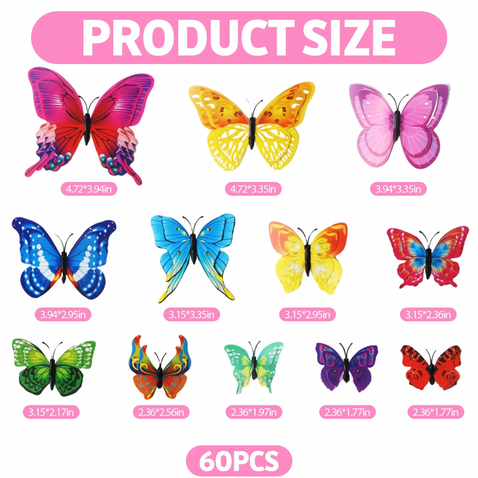 Decoraciones Mariposa 3D 60 Piezas, Decorativas de Pared para Habitaciones Infantiles, Cortinas, Mesas (Arco iris)