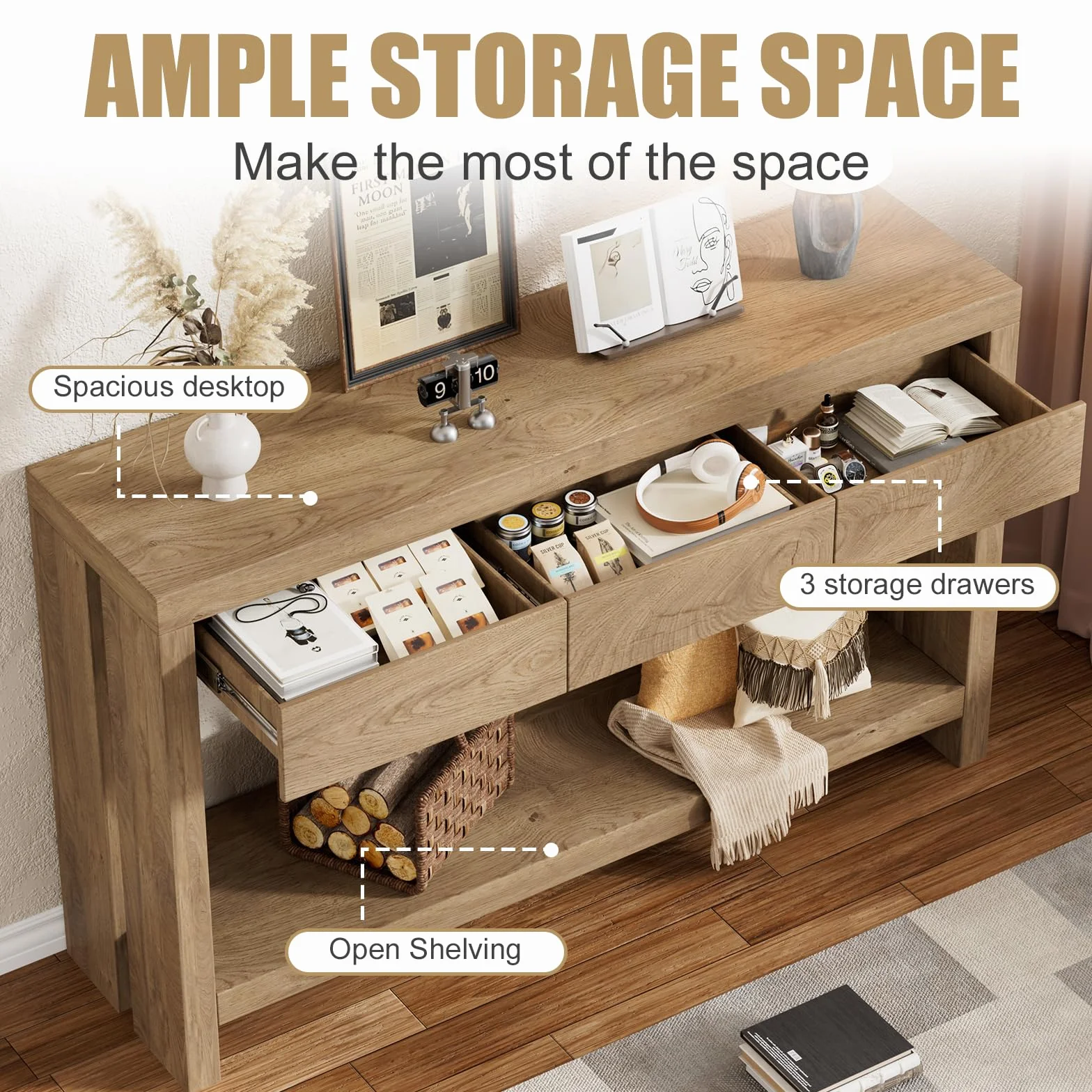Mesa de Consola con 3 cajones Consola para Recibididor Mesa de Entrada de 2 Niveles Estrecha Mesa Auxiliar Detrás del Sofá Mesa de Pasillo de Madera para entrada, recibidor y salón 140 x 29.5 x 82.5CM