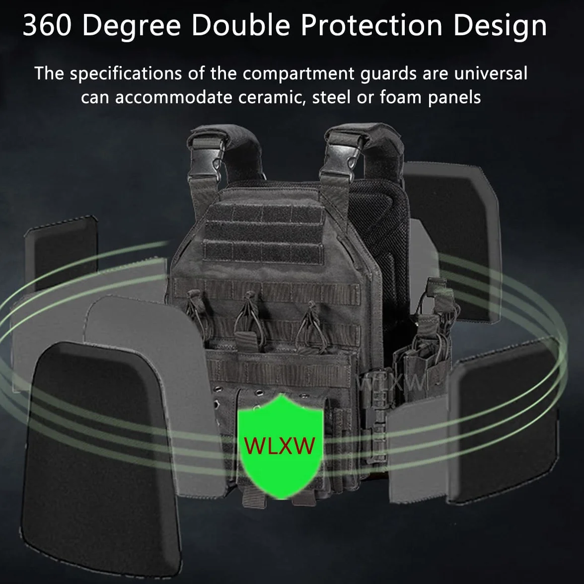 WLXW Casco Antibalas Militar NIJ IIIA Casco Balístico Suspensión De Lujo, Chaleco Táctico Militar De Nailon 1000D Portador De Placa De Liberación Rápida, Linterna Y Soporte,BK 2