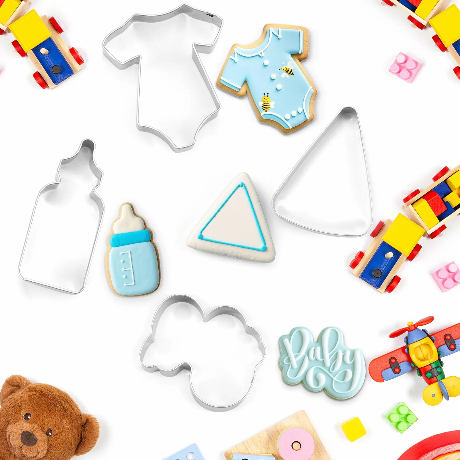 Teenyyou 4 cortadores de galletas para baby shower, cortador de galletas de acero inoxidable para bebé, palabras de bebé, cuña y cortadores de galletas para biberones para bebé