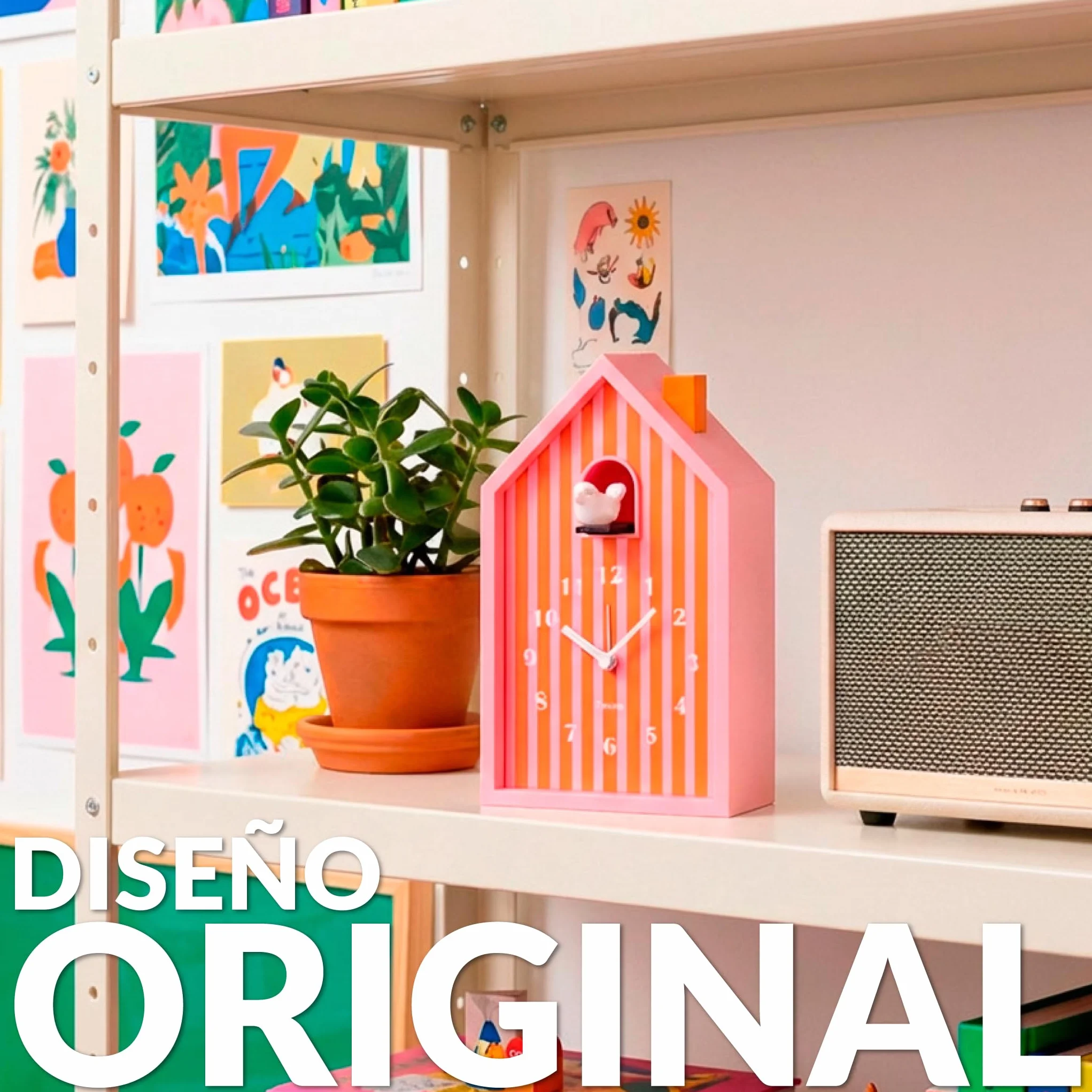 Fisura – Despertador Cuco casita “Rayas” Naranja y Rosa. Despertador analógico Original con Agujas. Botón de Snooze y luz. Regalo Original. 3 Pilas AA (no Incluidas)